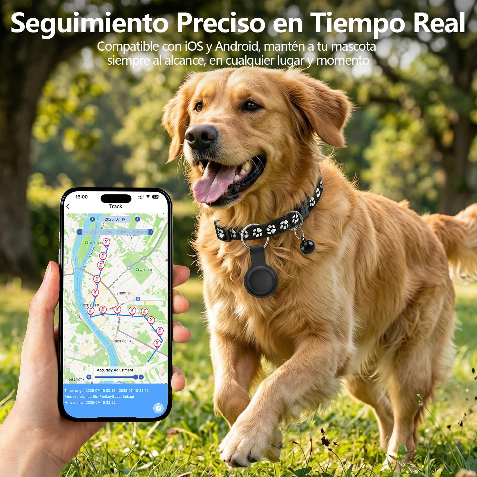 GPS Gatos, Localizador GPS Perros, GPS Perros/Gatos Compatible con Sistemas iOS y Android, Posicionamiento Global en Tiempo Real, Collar Ajustable, Sin Suscripción, Resistente al Agua IPX6 - Negro