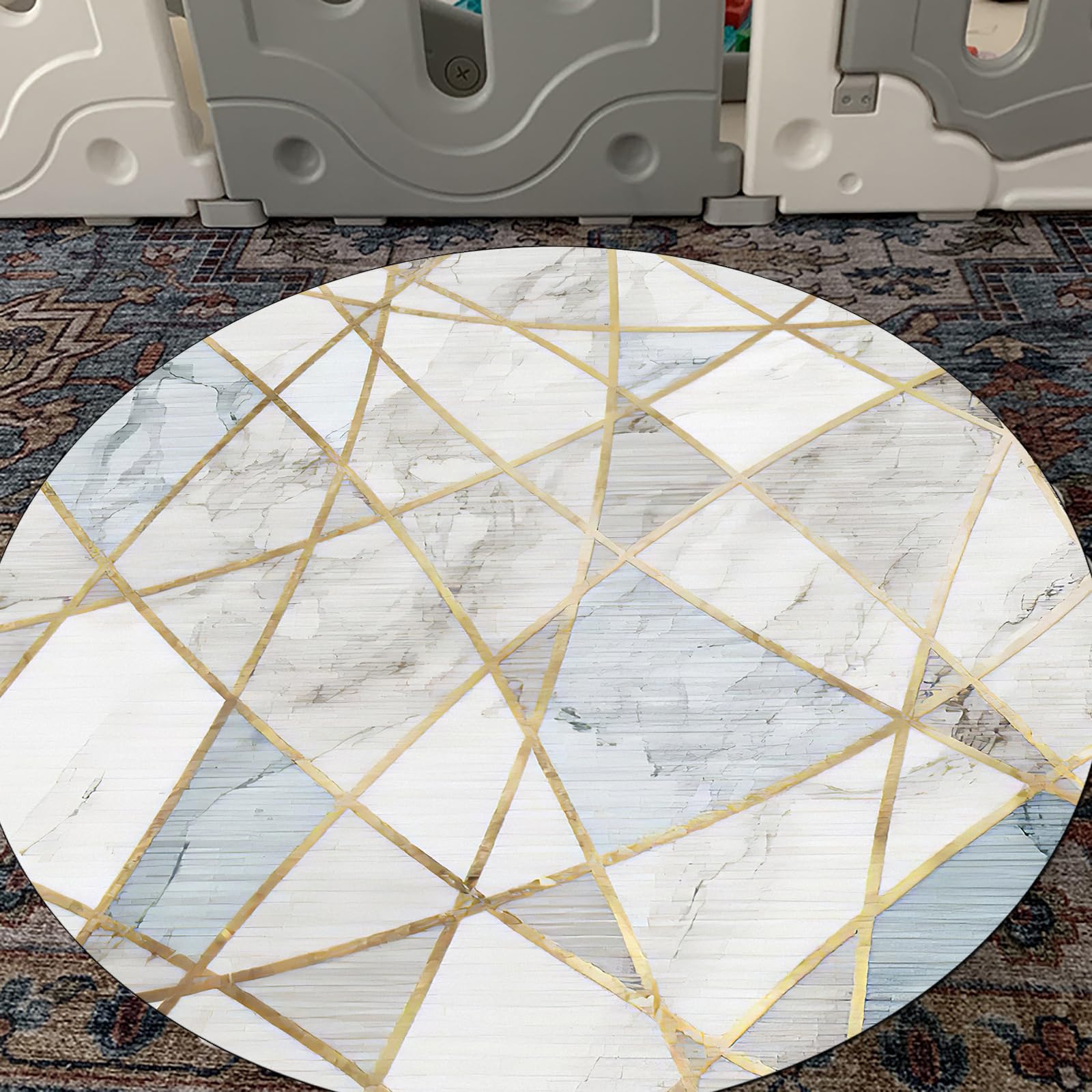 Tapis rond salon lavable moderne géométrique bleu jaune 119,4cm