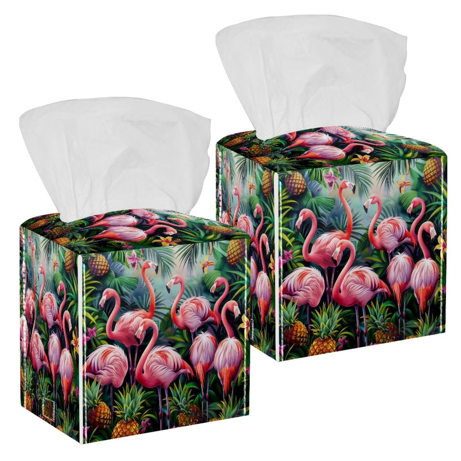 Flamingo Tissue Box Cover, 2 Pack PU Leather Square Facial Tissue Dispenser Box holder for Home Office Car