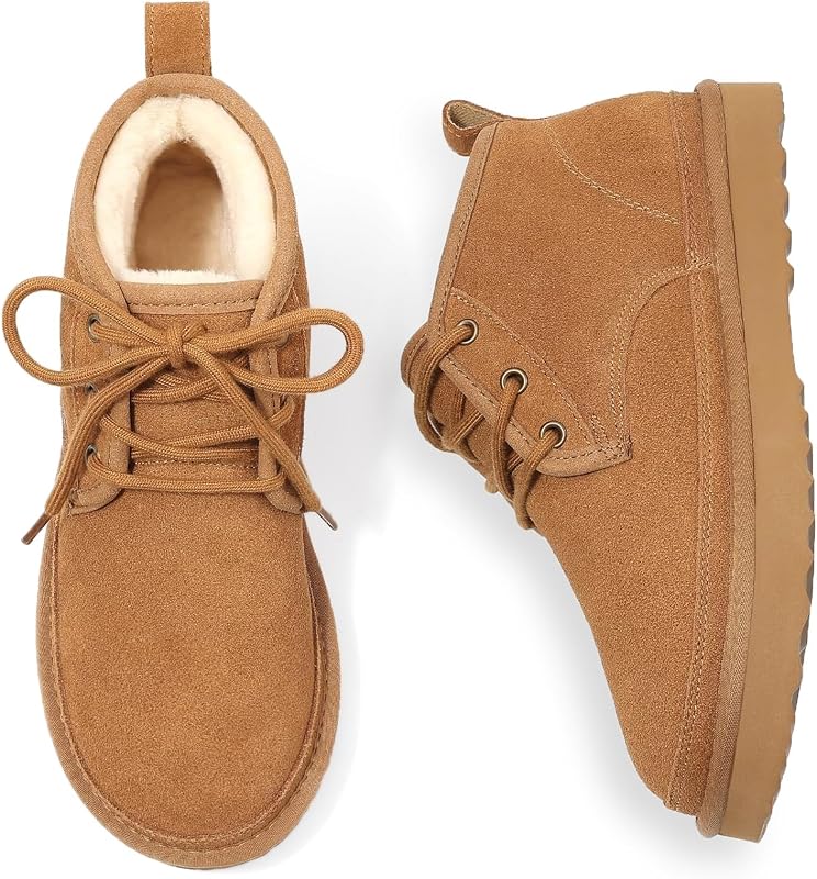 Fur Lined Ankle Boots for Women Genuine Suede Lace Up Snow Boots