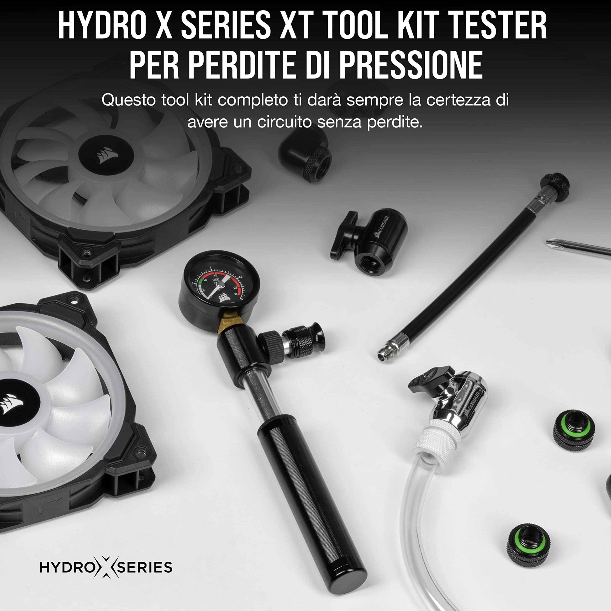 Corsair Hydro X Series XT Tester per perdite di pressione tool kit (Rapido e sicuro, Pompa pneumatica manuale inclusa, Letture accurate della pressione, Cavo da 20 cm) Nero (CX-9071002-WW)