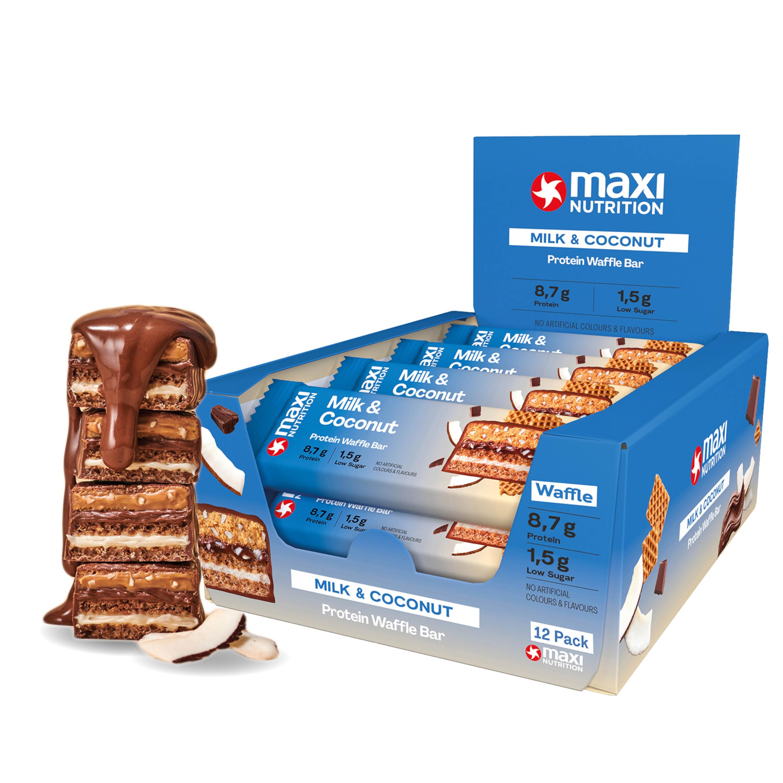 MaxiNutrition Milk & Coconut Protein Waffle Bar, 22% Eiweiß, 174 kcal, (12 Eiweißriegel x 40g), Ohne Zuckerzusatz