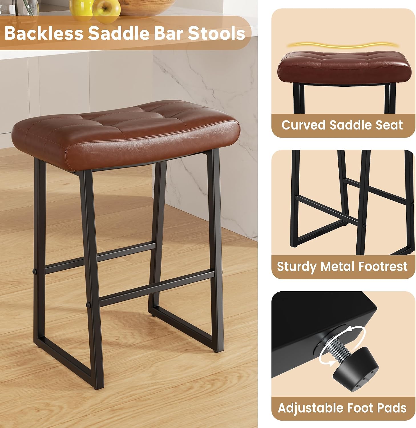 24" Bar Stools Set of 4,Backless Bar stools with Upholstered Faux Leather Seat, Modern Counter Height Barstools Metal Frame Kitchen Bar Chairs for Counter Island, Darkbrown