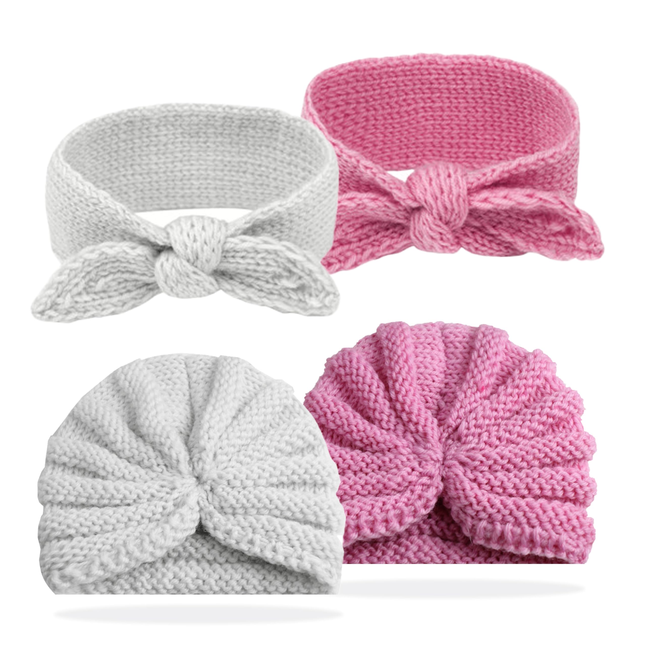BEMBIKA Beanie with Headband for Baby Girls – Soft & Stylish Hair Accessories, Elastic Newborn Headbands for Girls -Pink White | 0–24 Months |Pack of 2-image-1