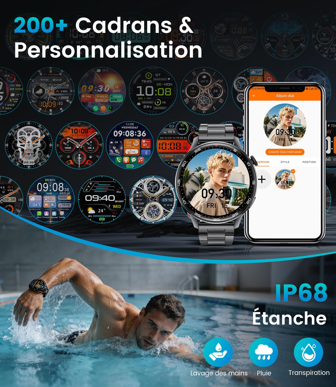 Montre Connectée Homme avec Appel Bluetooth 800mAh Batterie, 1.73" HD Écran Smartwatch avec 24/7 Fréquence Cardiaque, Sommeil, SpO2,110+ Modes Sportifs,IP68 Étanche Android iOS