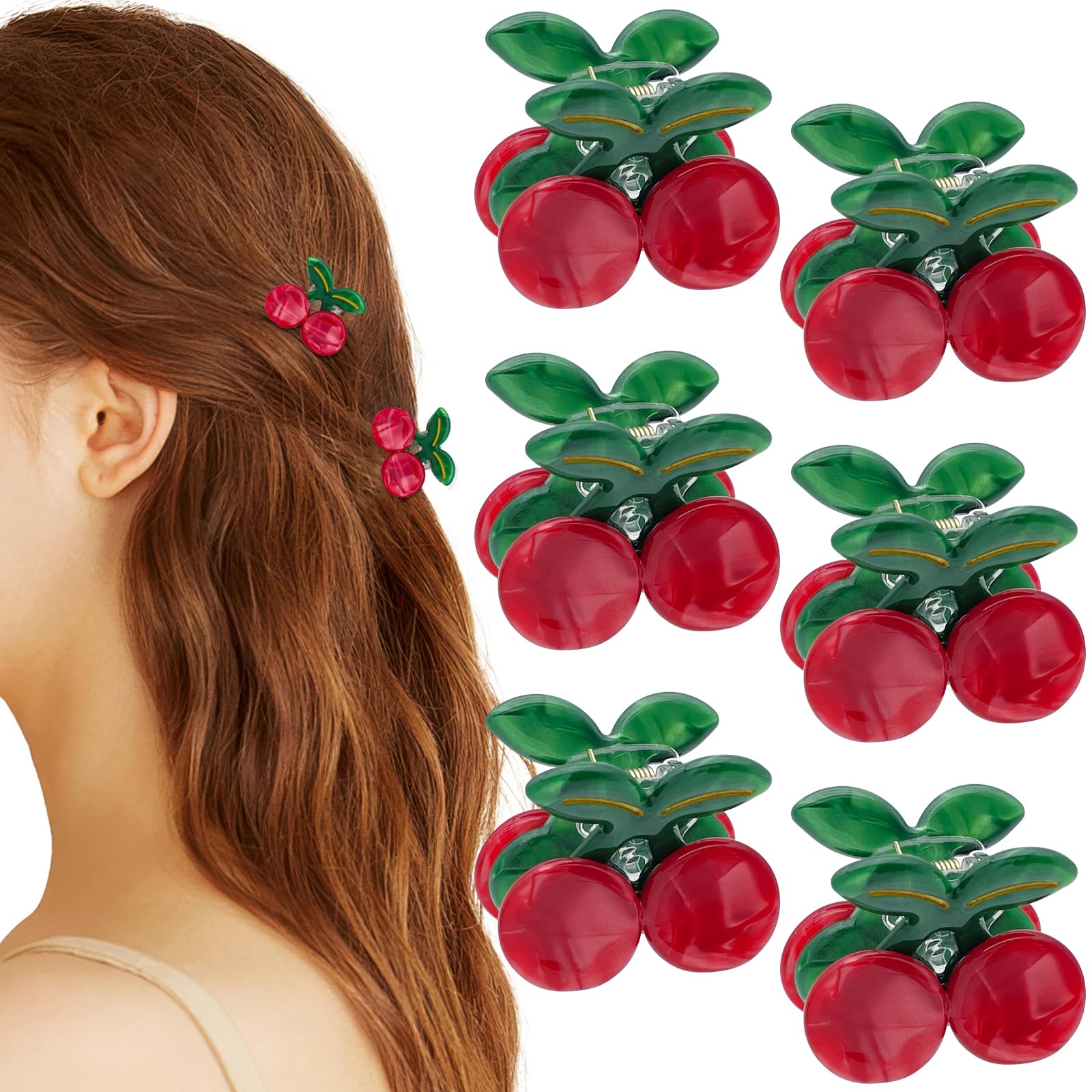 6Pcs Mini Cherry Hair Clips Acetate Hair Claw Cute Cherry Hair Clip Small Hair Barrettes Fruit Hairpins Tiny Sweet Fashion Hair Accessories for Women