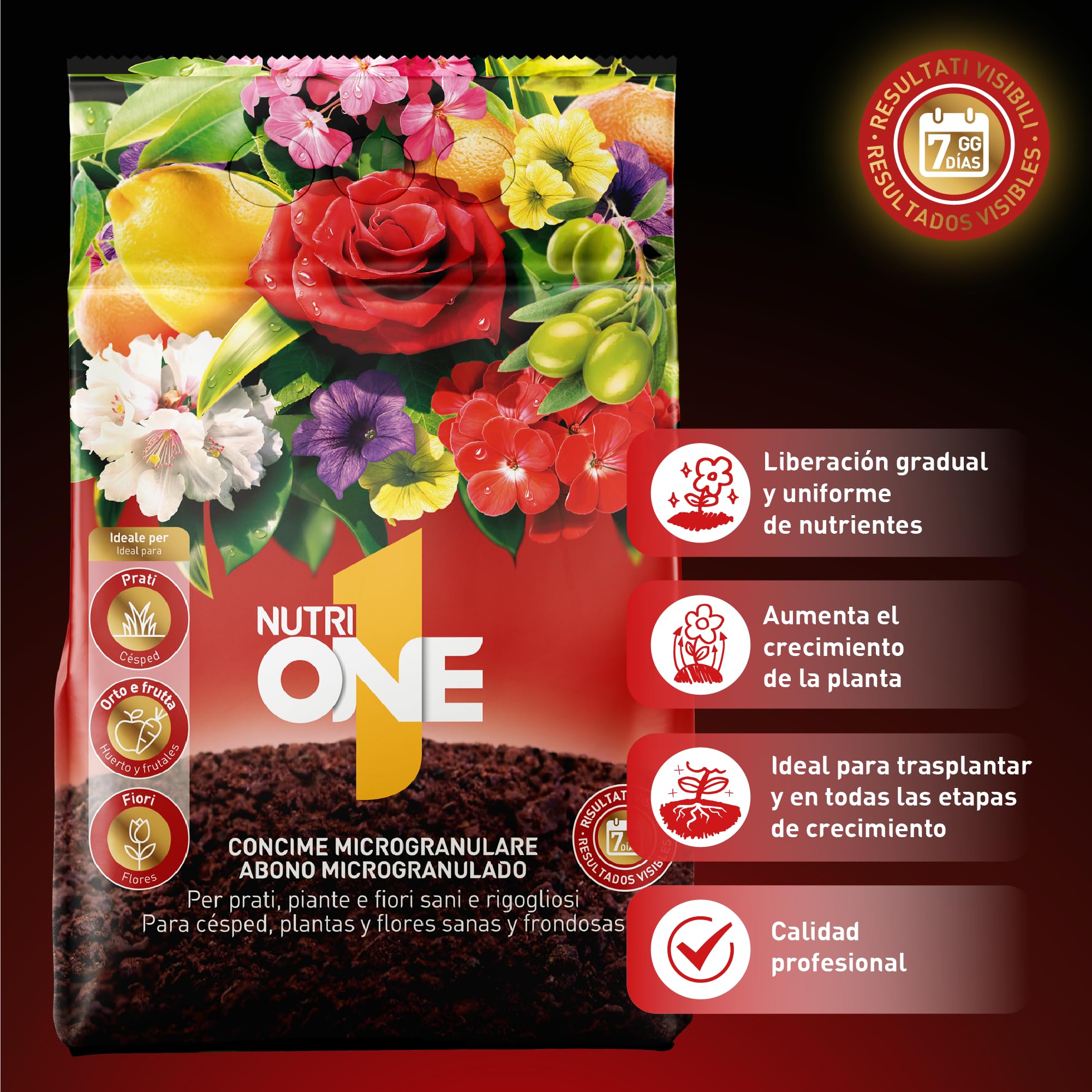 nutriONE Abono granulado para todo tipo de Plantas y Flores. Fertilizante Concentrado microgranulado Premium. Ingredientes naturales y resultados visibles en 7 días.