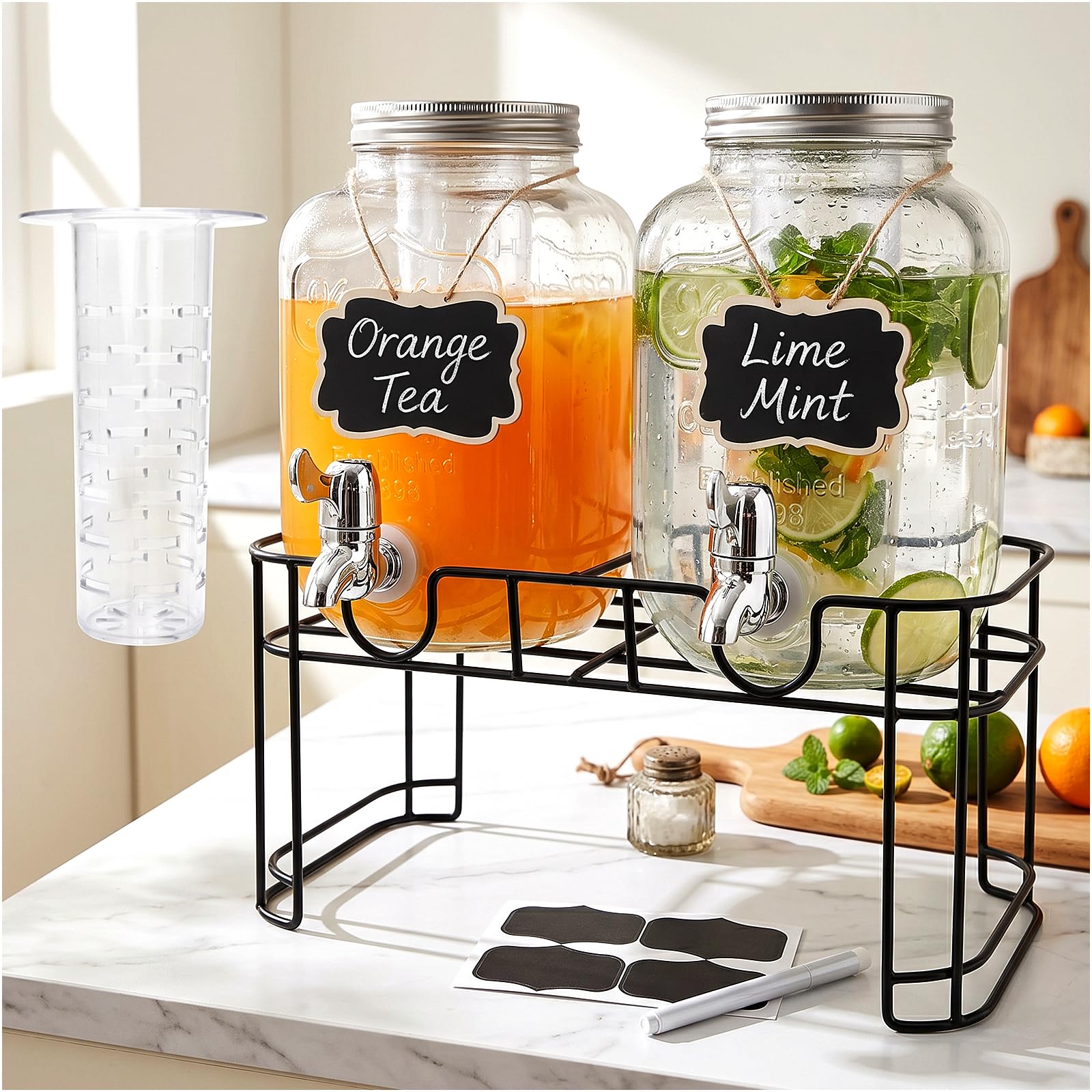 Dispensador de bebidas de vidrio de 1 galón, dispensador de bebidas Accguan con tapa de lata y espiga sin fugas, marco de hierro negro, dispensador de bebidas Mason para fiestas, picnics, barbacoas y