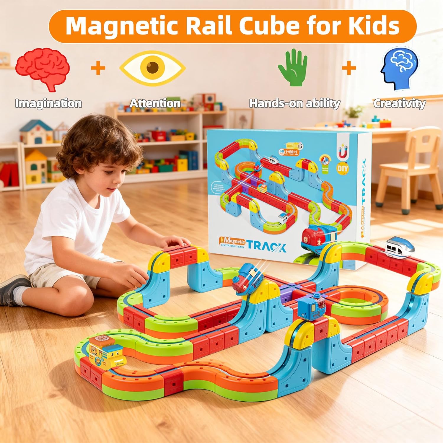 Magic Track Railway Building Block Magnetic Train Set, Multilayer Track with Cars, Kids Gift Toy (215 Pieces)