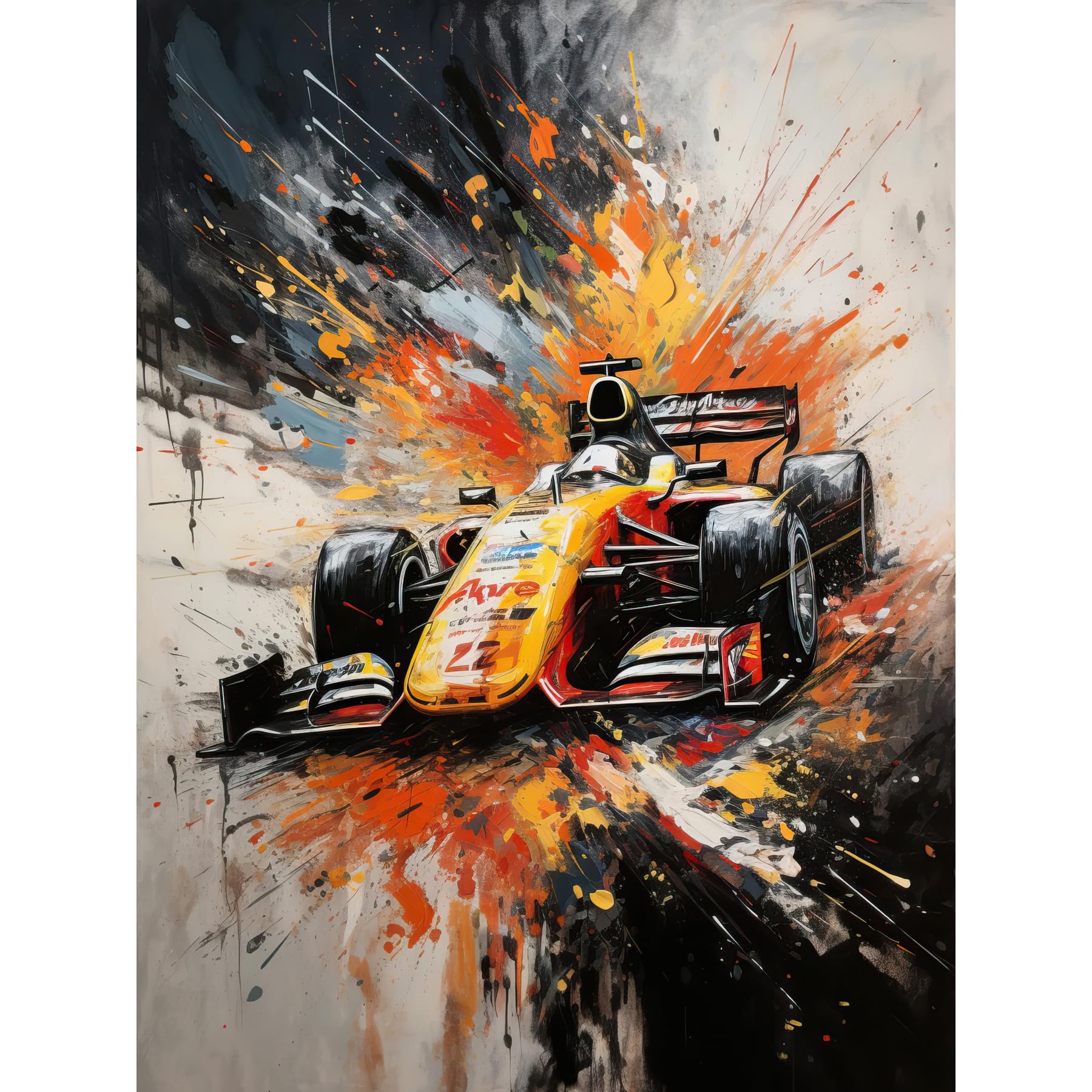 Artery8 Yellow Race Car Racing Scene Modern Spatter Art Large Wall Art Poster Print Thick Paper 18X24 Inch