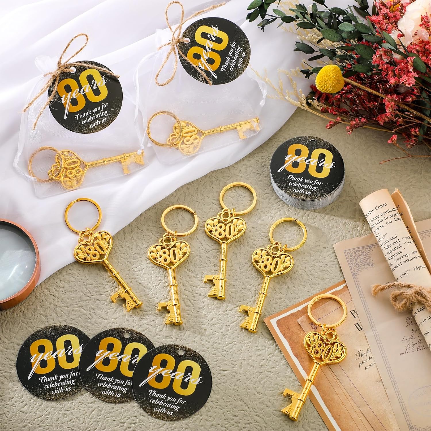 Misdary 50 Sets Birthday Party Favors for Guests Included Bottle Openers Beer Opener Keychains Thank You Tags with Organza Bags and Rope Adult Birthday Party Favor Souvenirs Gift Supplies(80th) - Image 4