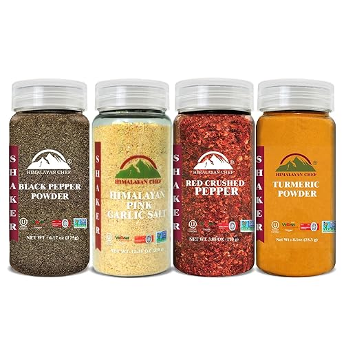 Natural Spices Shaker - Paquete variado (polvo de cúrcuma, pimienta negra en polvo, sal de ajo en polvo y pimienta roja triturada) sabores