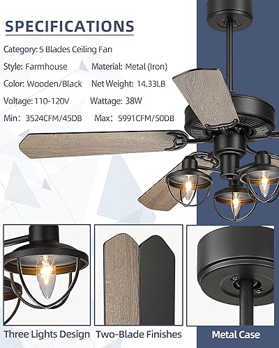 Miniatura 4 de YOUKAIN Farmhouse - Ventiladores de techo de madera, ventilador de techo industrial de 52 pulgadas con 3 luces y control remoto, 5 aspas reversibles