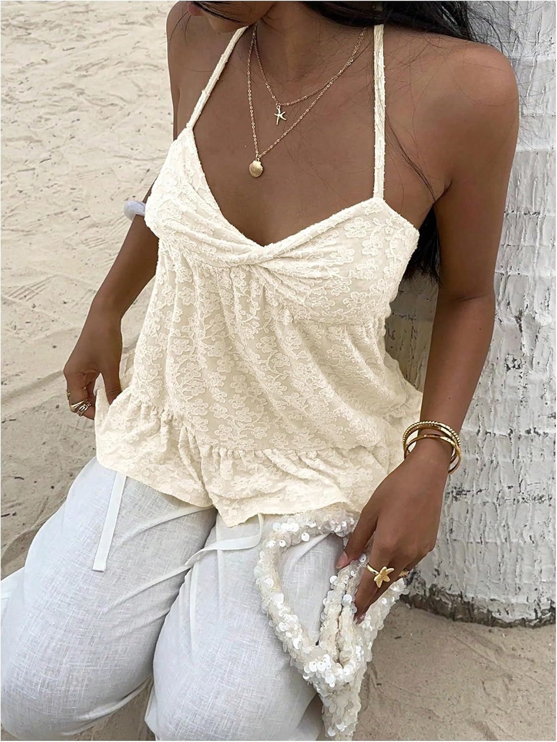 SOLY HUX Women's Floral Lace Halter Top Sleeveless Twist Flowy Camisole Vacation Coquette Clothes - Image 4