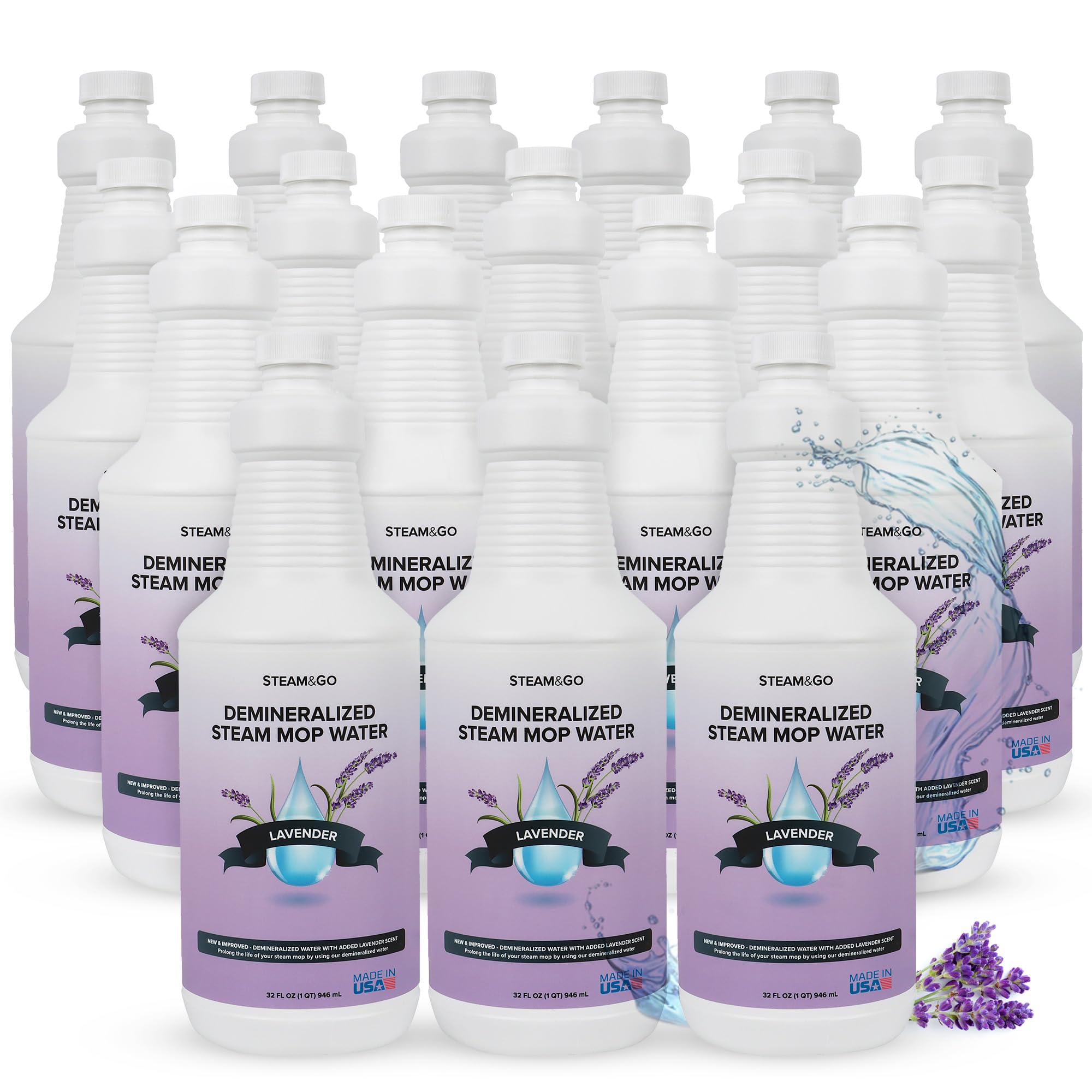 Steam & Go Demineralized Water for Steam Cleaner - PVC-Free Floor Cleaning Solution Compatible for All Steam Mops - Multi-Surface Cleaner for Home Surfaces - Lavender Scent, 32 oz (Pack of 18)