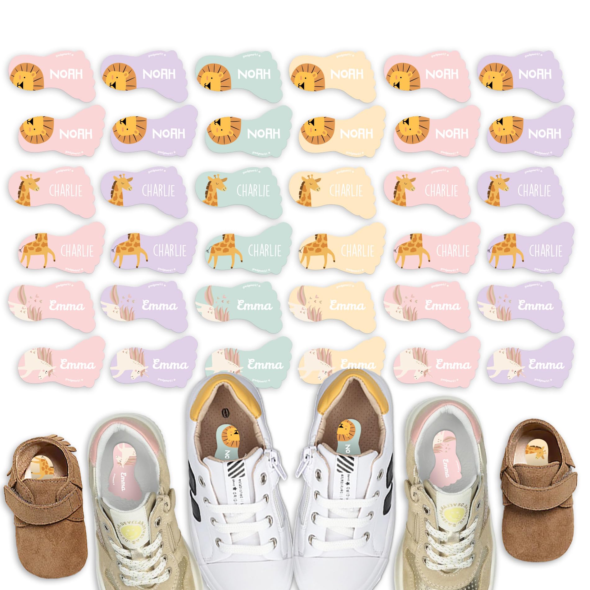 Easy2Name Bright & Brilliant Shoe Labels – Waterproof, Hard‑Wearing & Personalised Stickers – 16 Vibrant Designs for School Shoes, Trainers & Wellies - (Unicorn)