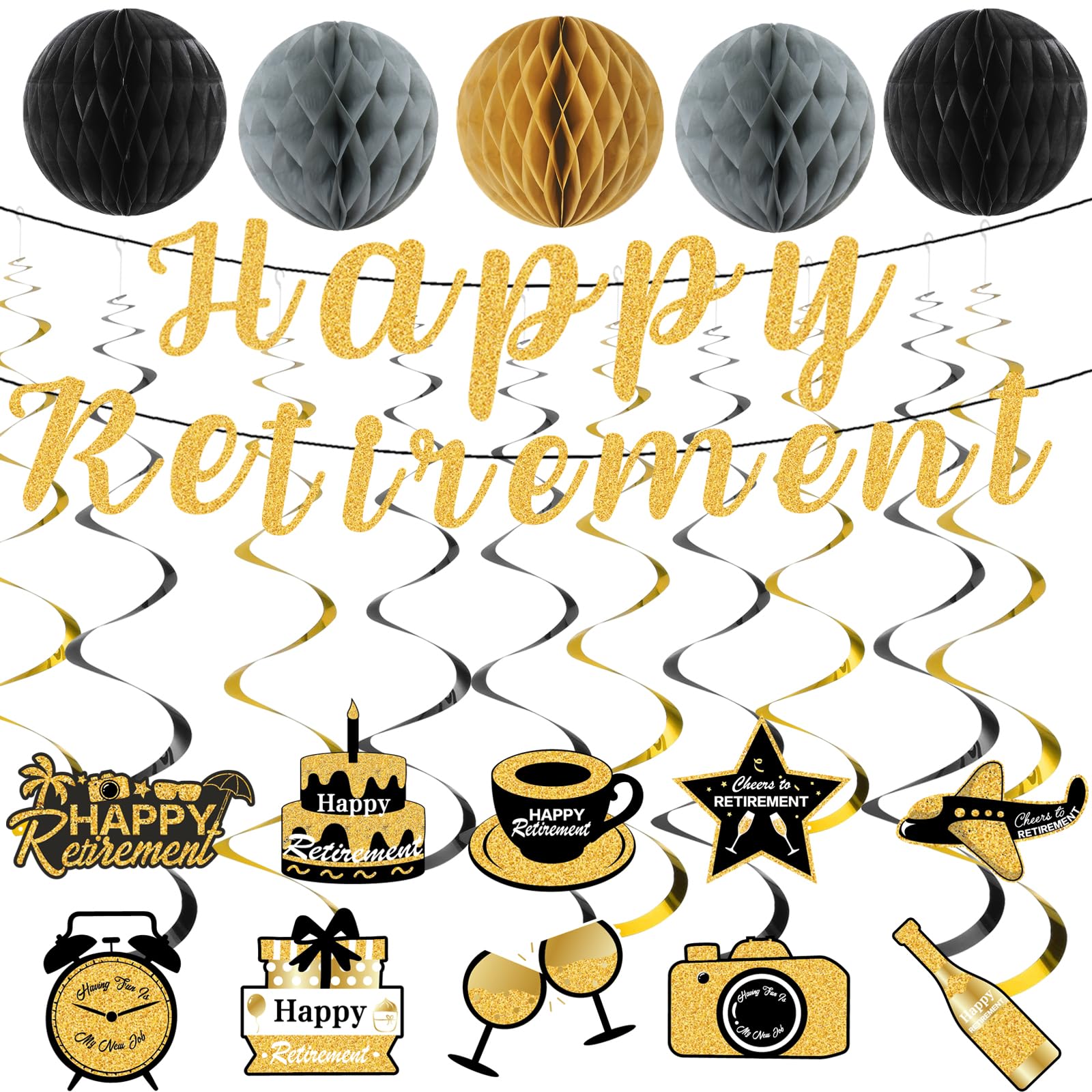 Happy Retirement Party Decorations Set – Black Gold Hanging Swirls, Glitter “Happy Retirement” Banner, Honeycomb Balls, Retired Party Supplies for Men