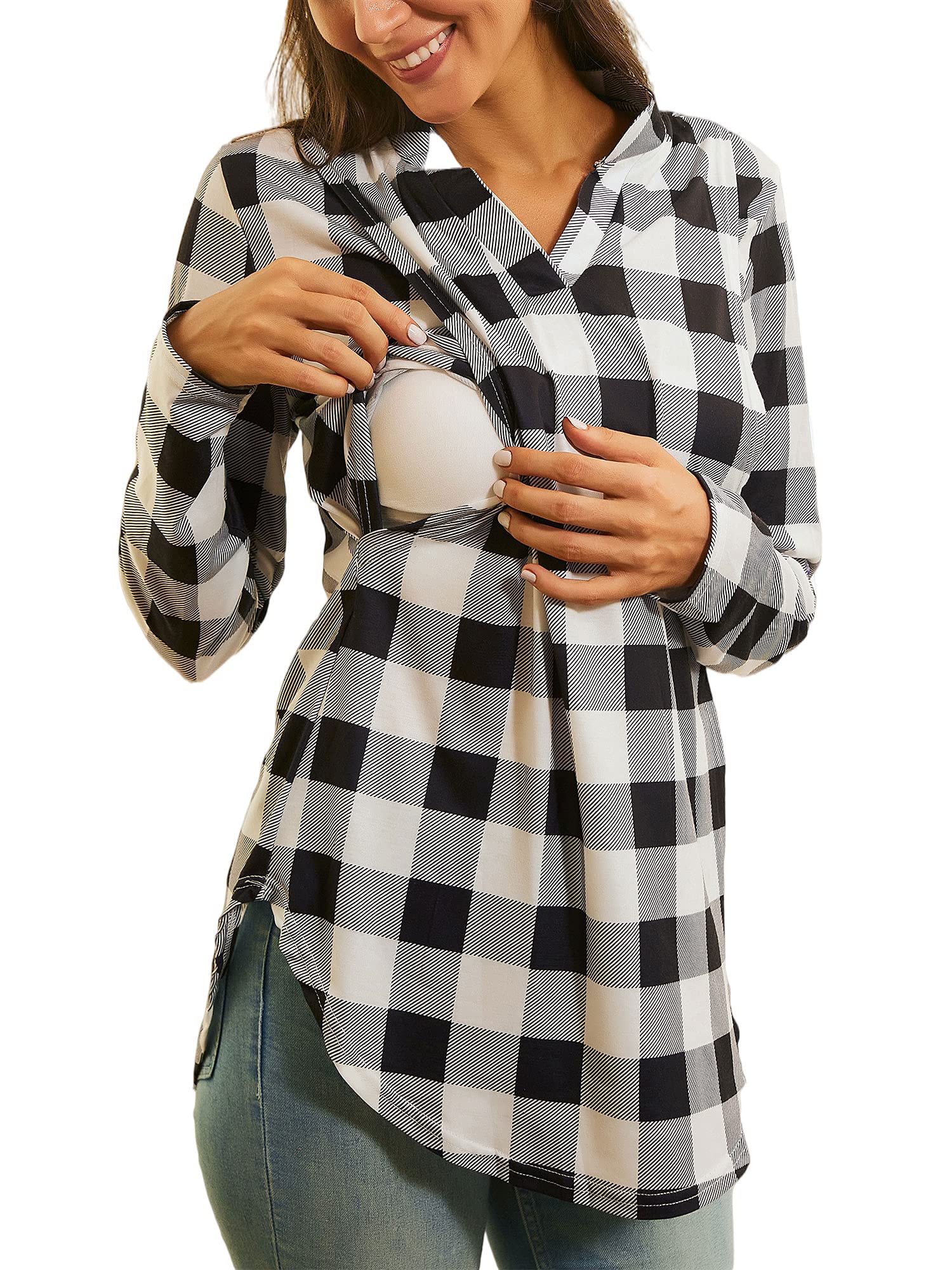 Damen Schwangerschaft Stilloberteile Plaid Schwangerschaft Langarm Bluse Kariert Stillen Pullover T Shirt Top
