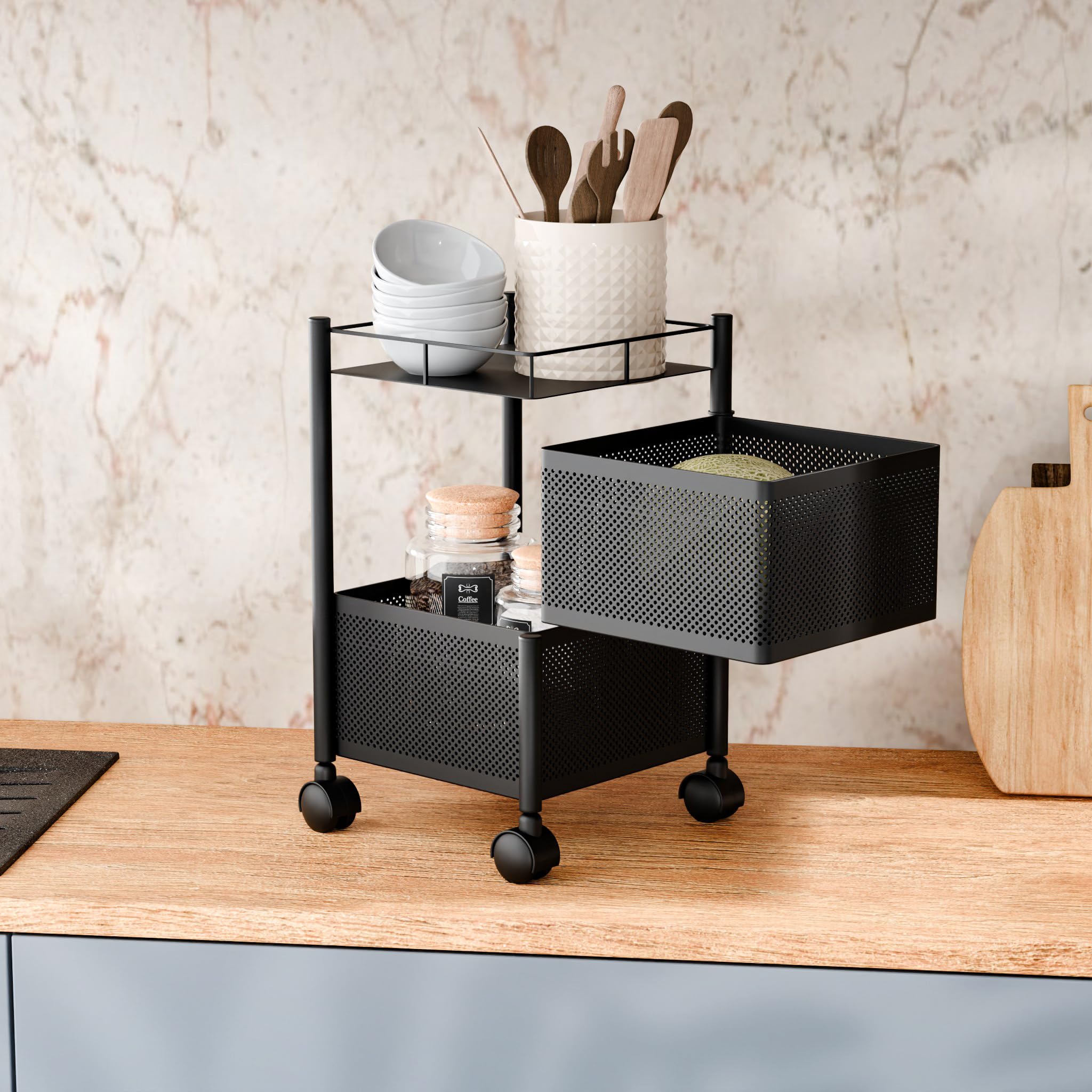 TEX-RO Kitchen Trolley with Wheels | 2-Layer Metal Vegetable Basket Stand & Kitchen Storage Rack | Multipurpose Kitchen Organizer for Onion Potato Storage (Small,Black)