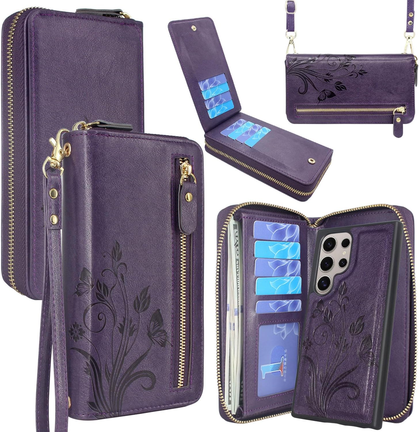Lacass Wallet for Samsung Galaxy S24 Ultra 6.8 inch 2024, Crossbody Dual Zipper Detachable Magnetic Leather Wallet Case Cover Wristlets Wrist Strap 13 Card Slots Money Pocket (Floral Gray)