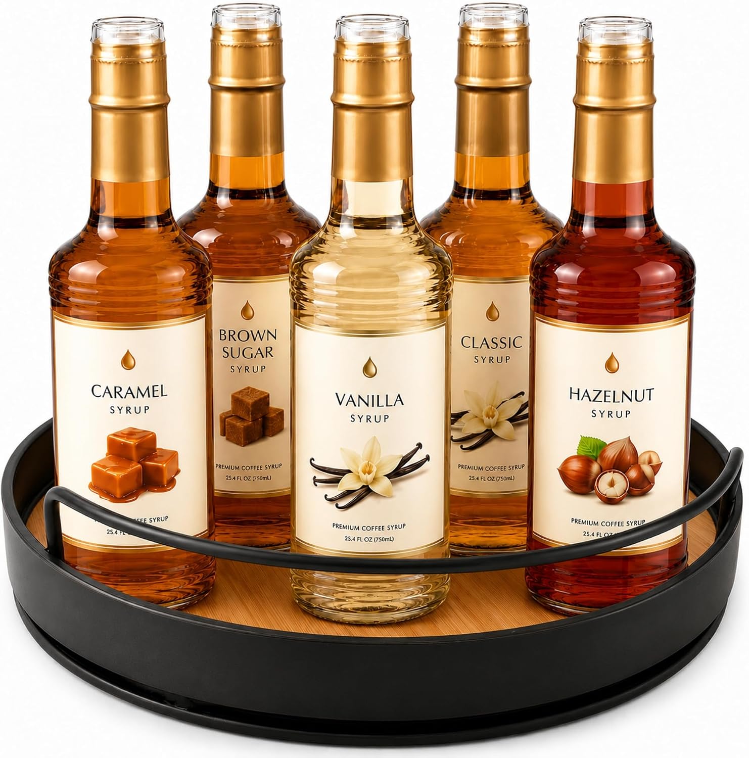 Coffee Syrup Organizer & Coffee Bar Organizer, 360° Bamboo Turntable