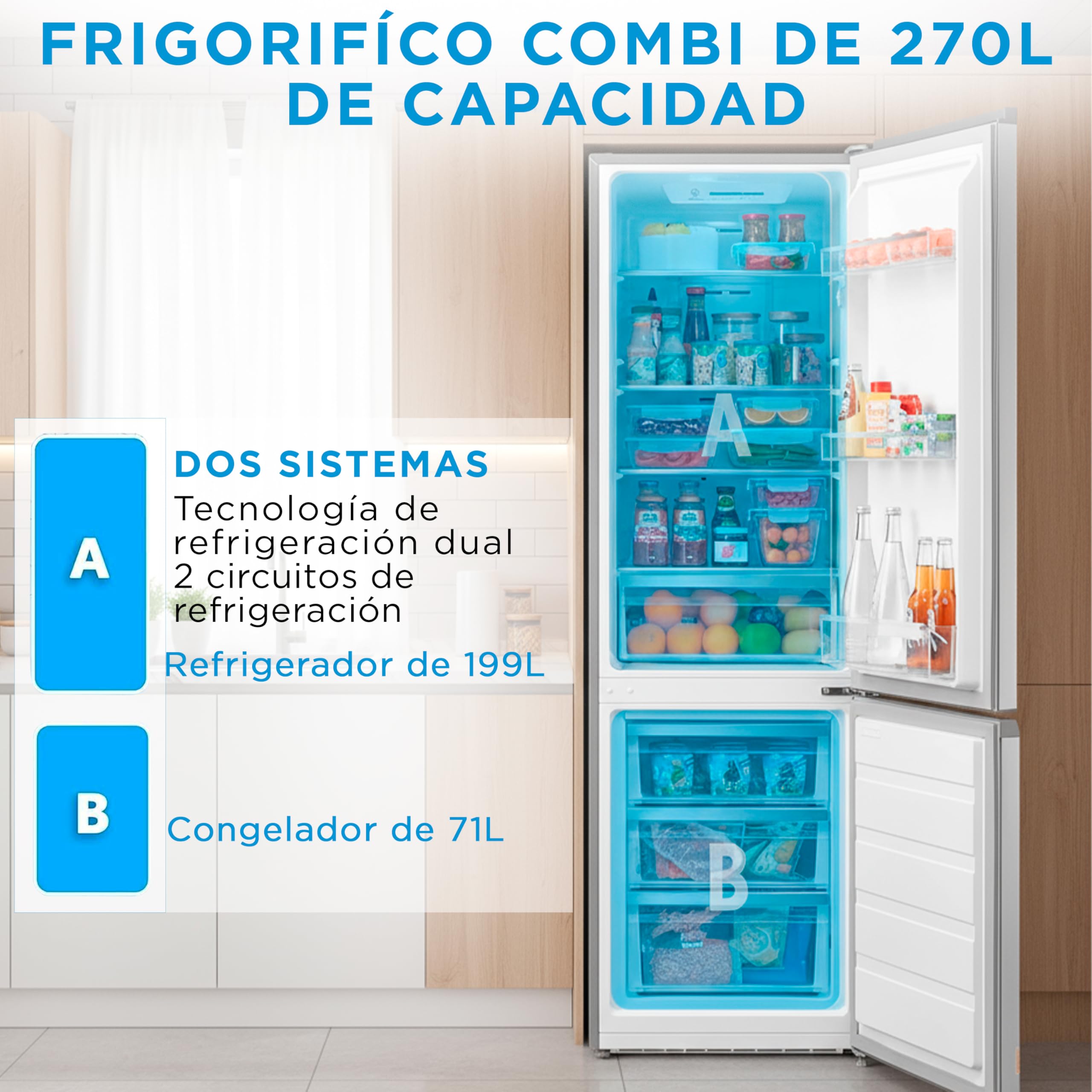 Midea Frigorifico Combi No Frost | 55 cm ancho x 180 cm | Inox | 270L de Capacidad - Nevera Libre Instalación con Congelador Vertical - Refrigerador de Bajo Consumo con Sistema Multi Air Flow
