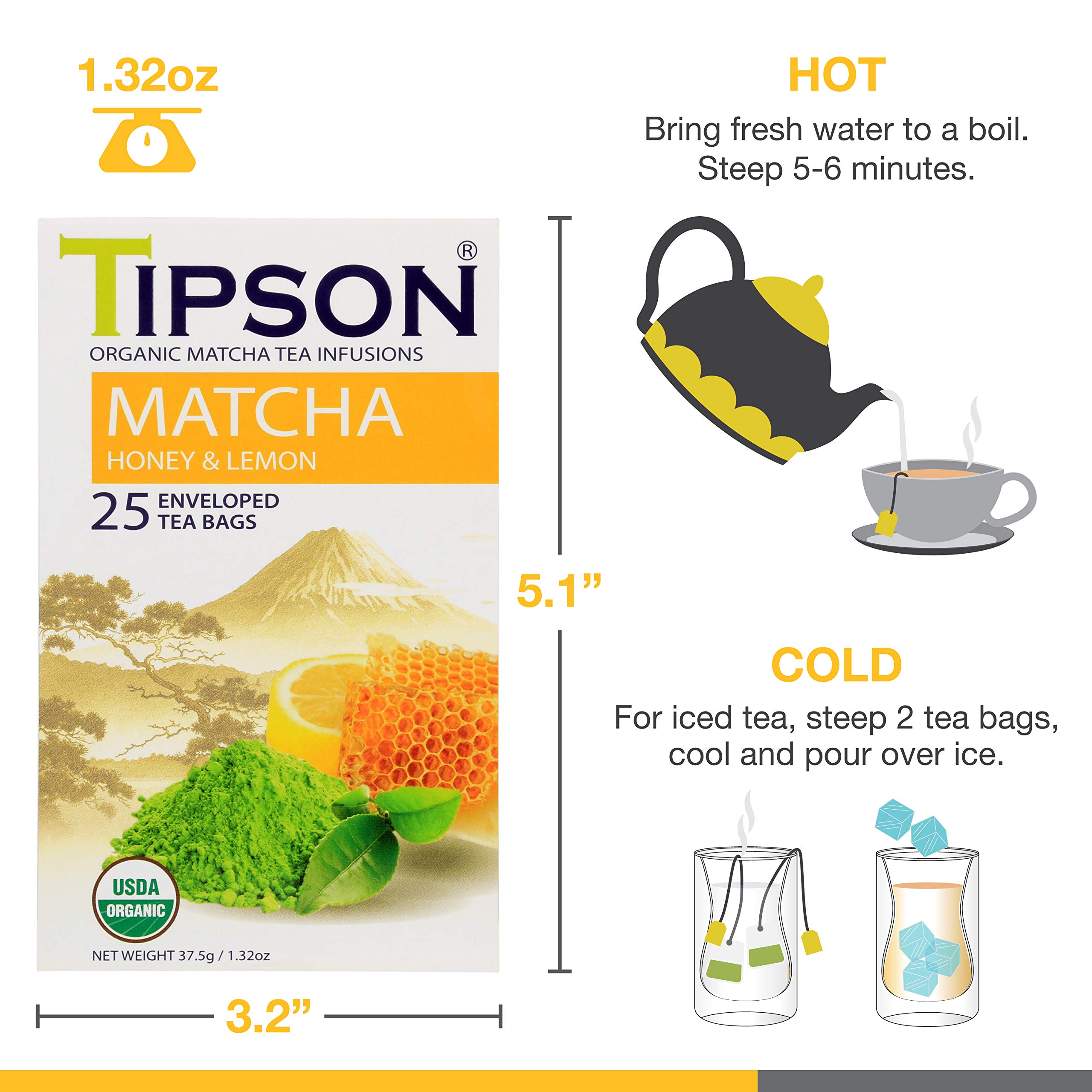 Tipson Organic Matcha Green Tea - Honey Lemon Flavor - 25 Foil Enveloped Double Chambered Bags - Keto — view 6
