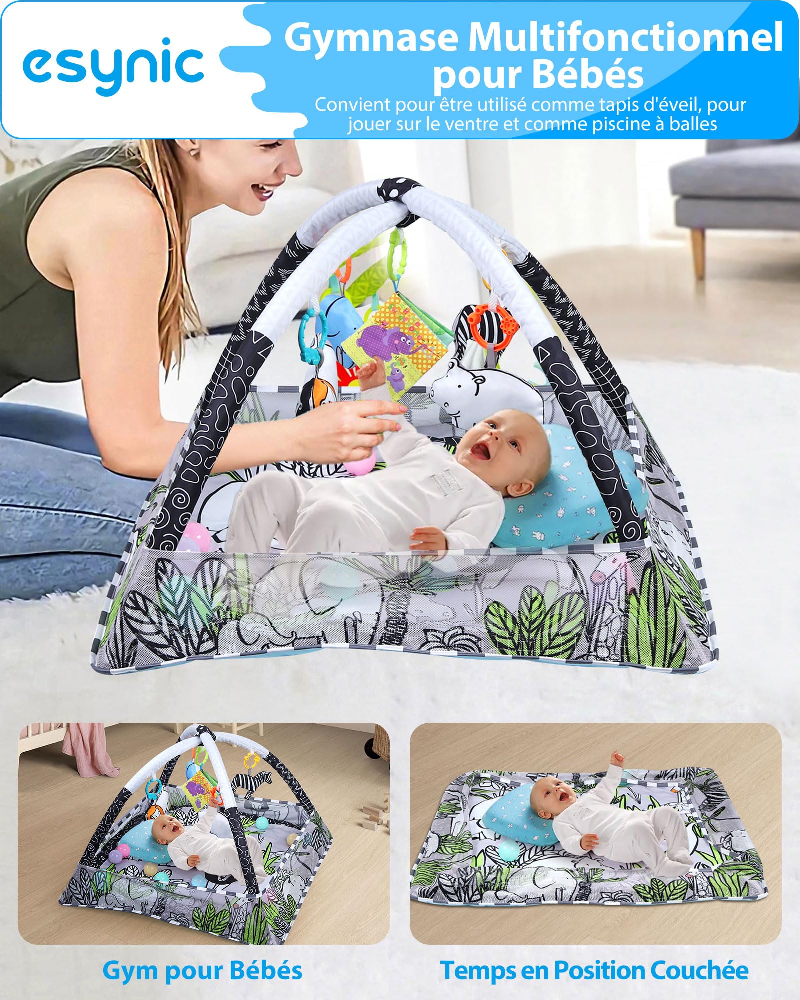 eSynic Tapis d'Éveil Bébé 77x77cm avec 5 Jouets Sensoriels Détachables & eSynic Mini Machine à Bruit Blanc avec 12 Sons Apaisants