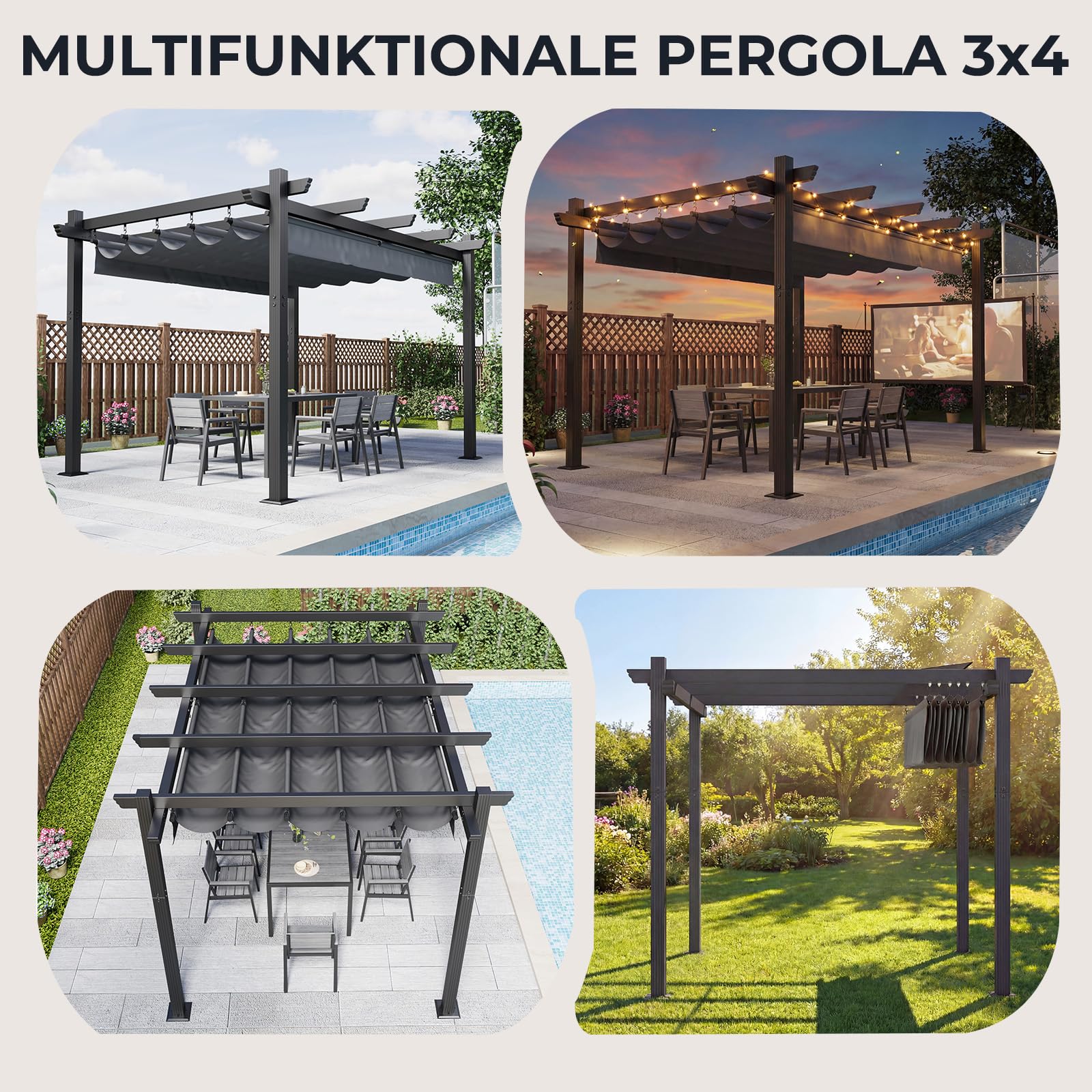 Devoko Aluminium Pergola mit Schiebedach, Verstellbarer Schattenfläche, UV-Schutz 50+, Pavillon 3x4 wasserdicht stabil Winterfest, Grillpavillon Metall für Gärten und Terrassen, Grau.