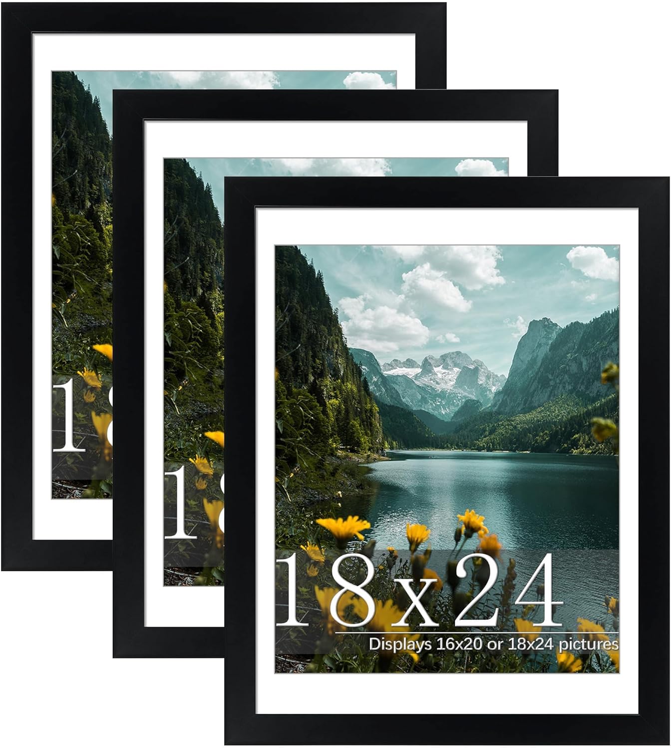 Picrit 18x24 Picture Frame 3 Pack, Black Poster Frame, Display Poster 16 x 20 with Mat or 18 x 24 without Mat for Horizontal or Vertical Wall Mounting Black 18x24