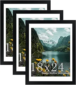 Picrit 18x24 Picture Frame 3 Pack, Black Poster Frame, Display Poster 16 x 20 with Mat or 18 x 24 without Mat for Horizontal or Vertical Wall Mounting