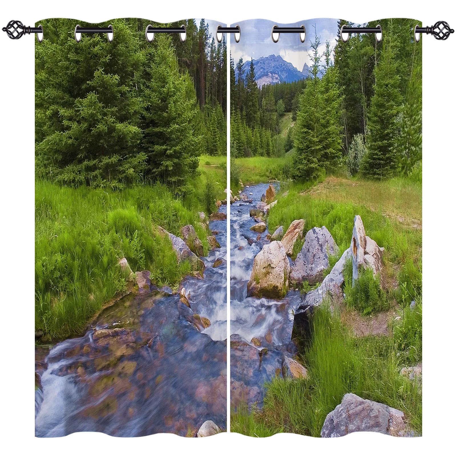 ANHOPE Nature Mountain Forest Creek Curtains Eyelet Ring Top Blackout Thermal Insulated Print Curtains Soft Privacy Decorative Window Treatment Drapes for Bedroom Living Room 55 x 63 Inch 2 Panels — image 1