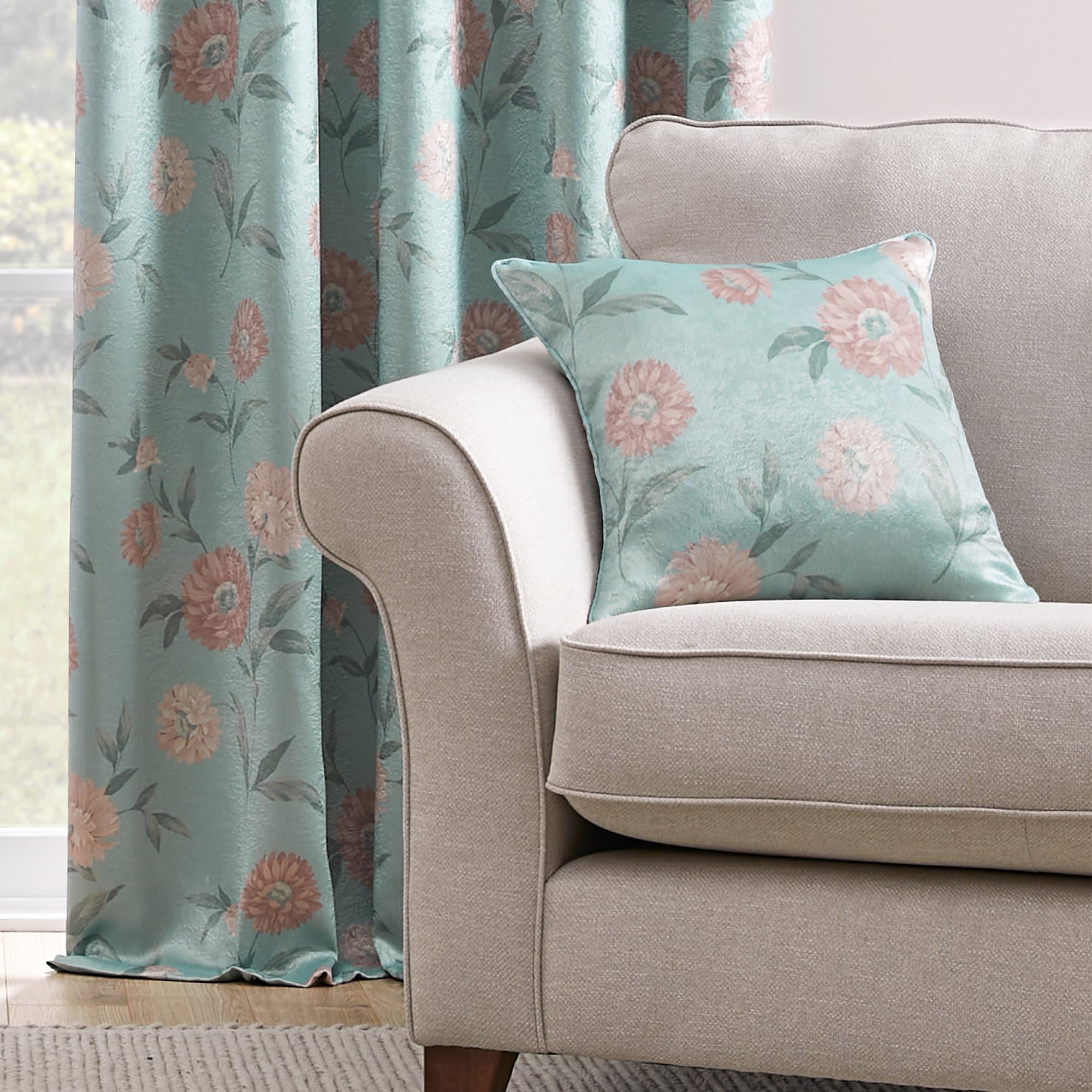 Dreams & Drapes - Duck Egg Floral Cushion (43 x 43cm) - Filling Included - Piped Edge - Pink Flowers - Vintage Cushion in Duck Egg with Cover Included/Cushion Insert - Matching Curtains Available