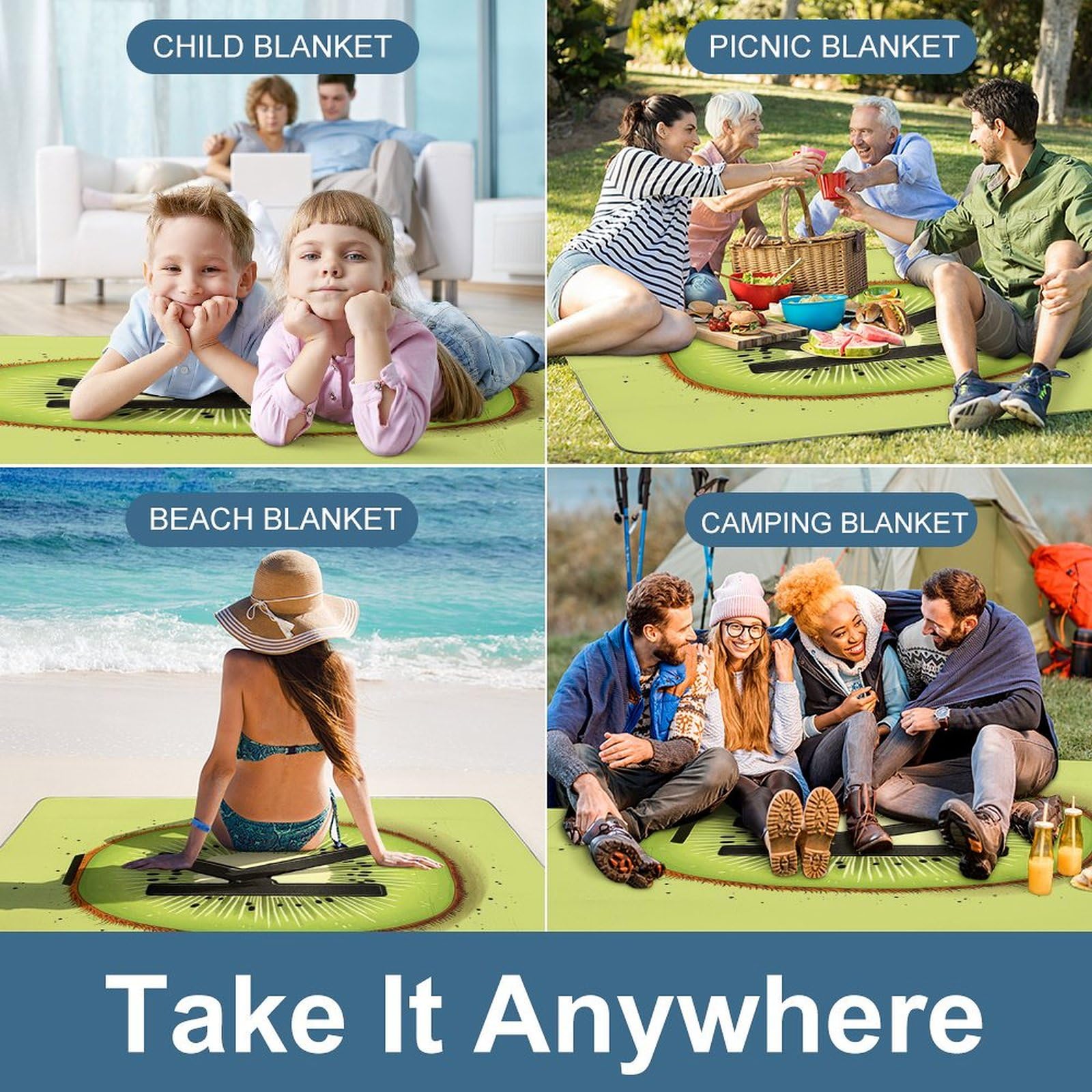 Coperta da picnic da spiaggia, motivo kiwi stampato, coperta da picnic impermeabile, pieghevole, extra large, tappetino quadrato da picnic, per escursioni, viaggi, campeggio all'aperto, parchi