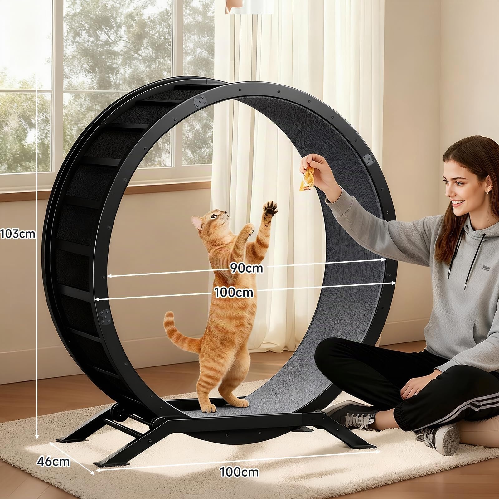 GTPLAYER Ruota per gatti, ruota per esercizi per gatti, XL- 100 cm, ultra silenziosa con tappetino rimovibile, adesivi, sistema di bloccaggio, metallo, nero, regali per il vostro gatto