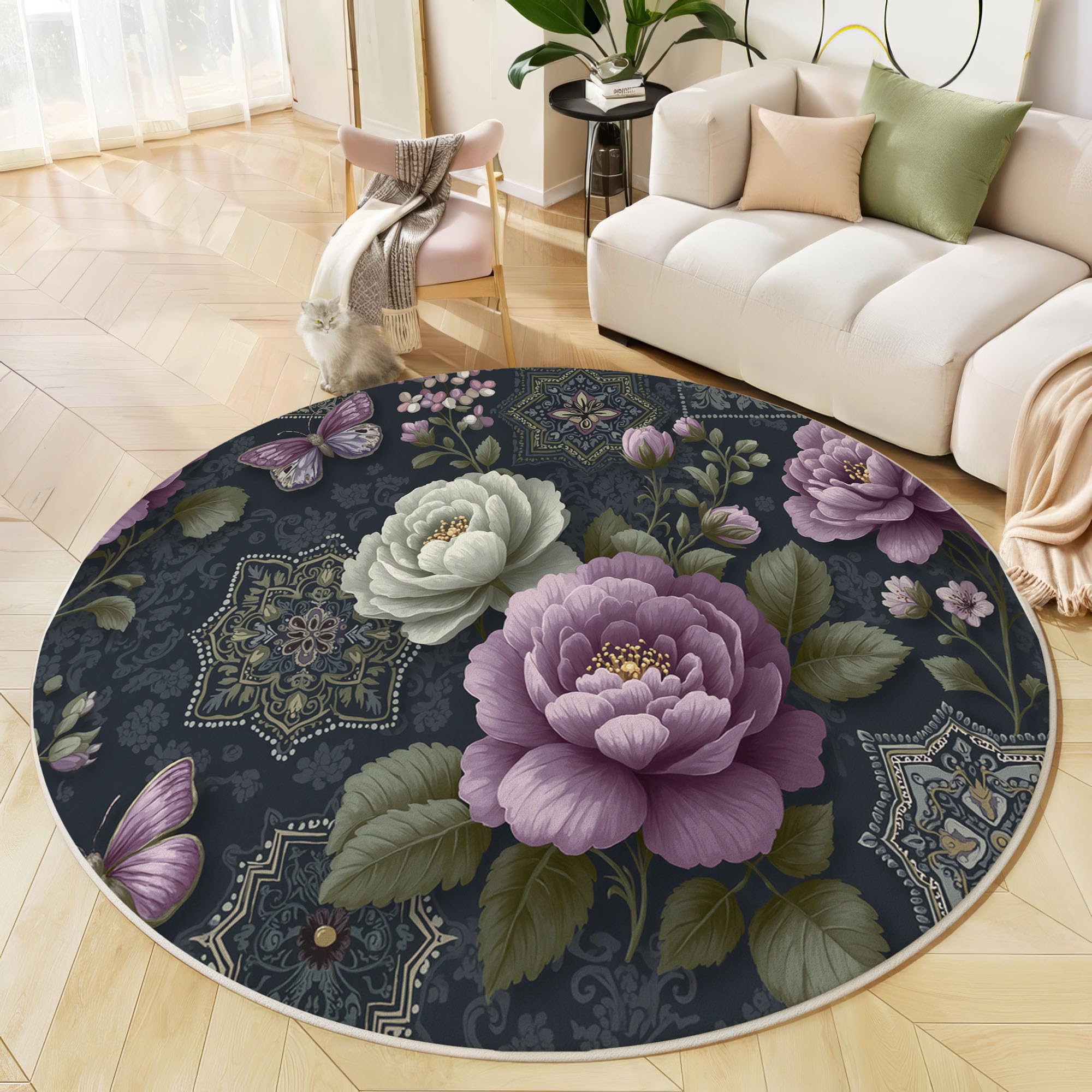 Tapis Rond Salon Papillon Floral Rétro, 200cm Tapis de Sol Mandala Patchwork Antidérapant Doux avec Bords Cousus pour Chambre Bureau L'intérieur Décorer, Gris Anthracite