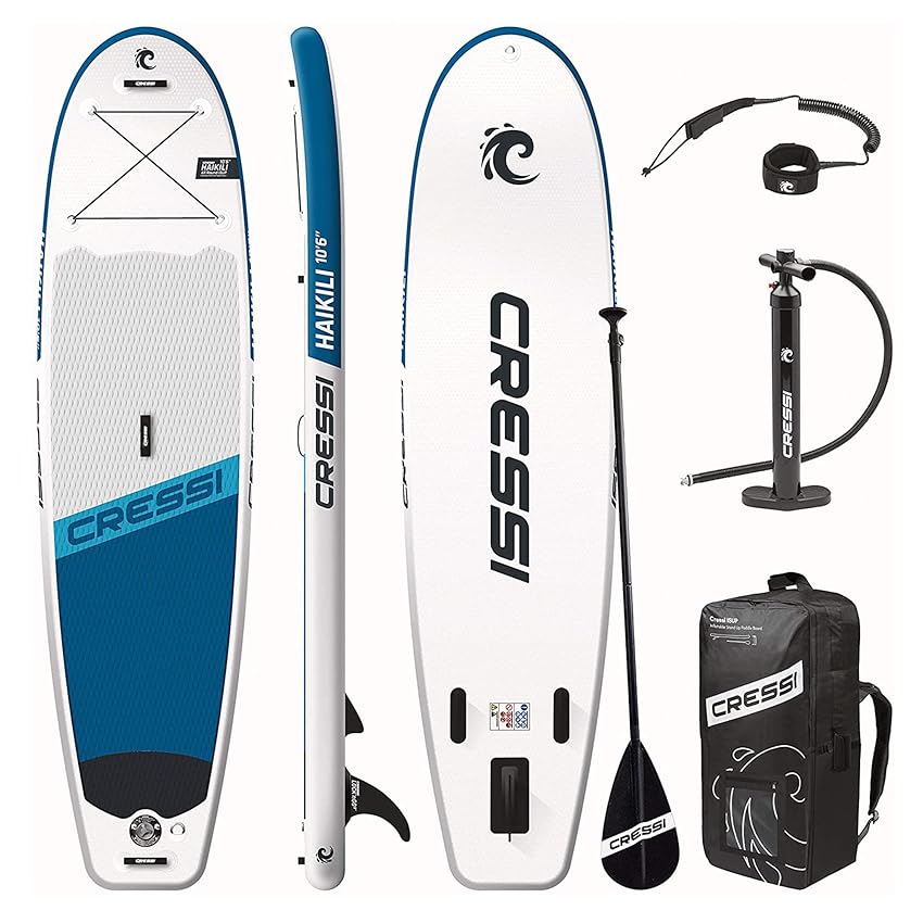 Immagine del prodotto Cressi Isup Complet Set - Haikili Inflatable Sup Set, Kit Tavola SUP Facile da gonfiare (meno di 10 minuti) Completo di Tutti gli Accessori Necessari per Uso e Trasporto, Bianco/Blu Navy , 10'6''