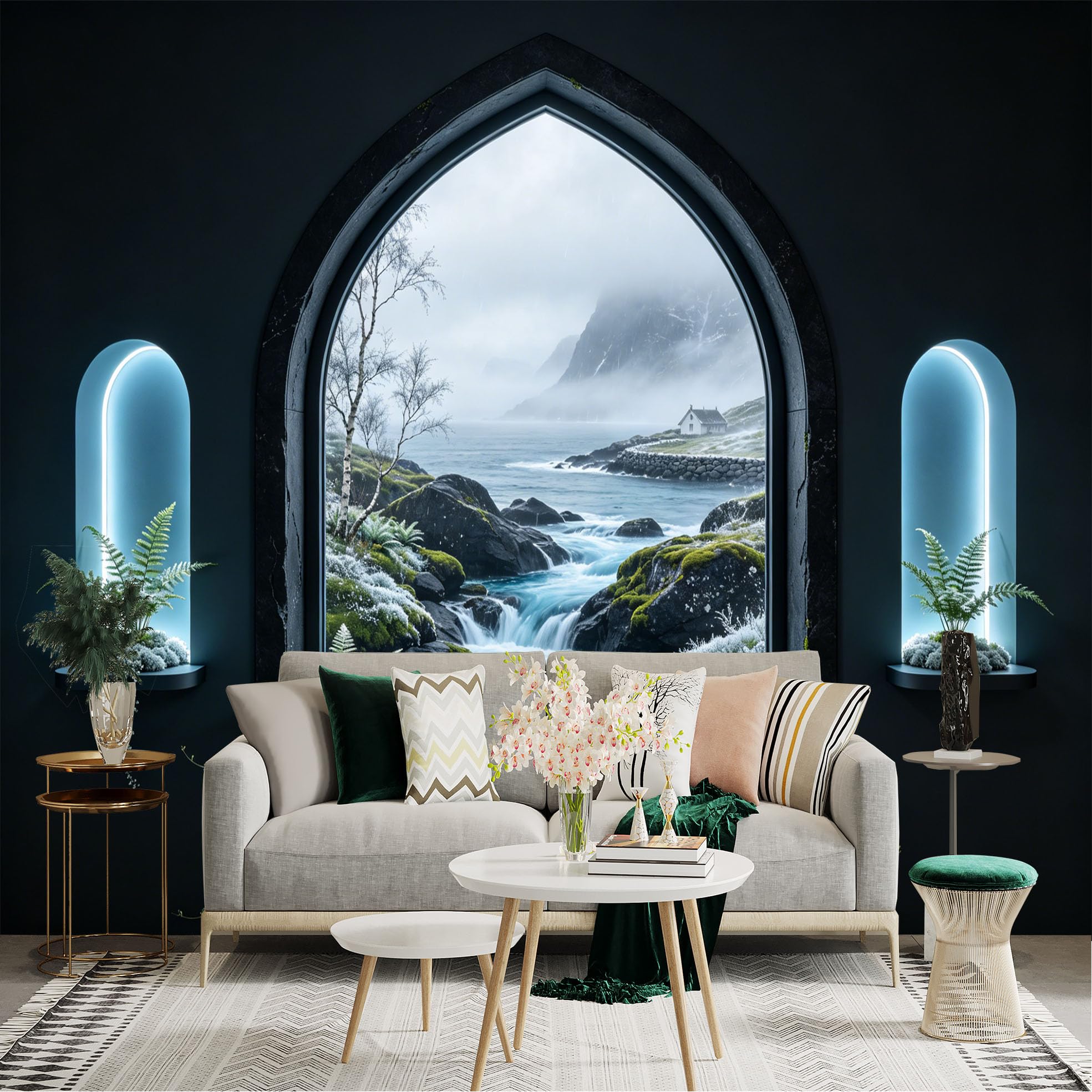 Lnzczhyre Dbh260521206 Custom Size Wall Sticker Mural， Arch Window Scenic View， Misty Northern Coastline， Rushing River Waterfall， Mossy Rocks And Fern Plants， For Wall Decoration， Peelandstick Wall Decals.