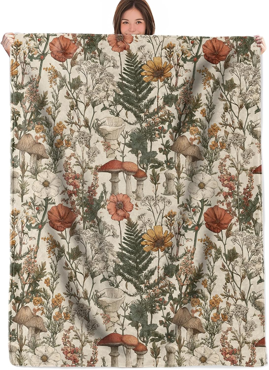 Mushroom Floral Throw Blanket Gifts for Boys Girls Kids Adults, Vintage Forest Botanical Theme Flannel Blankets for Travel Sofa Living Room Decor 60"X80"