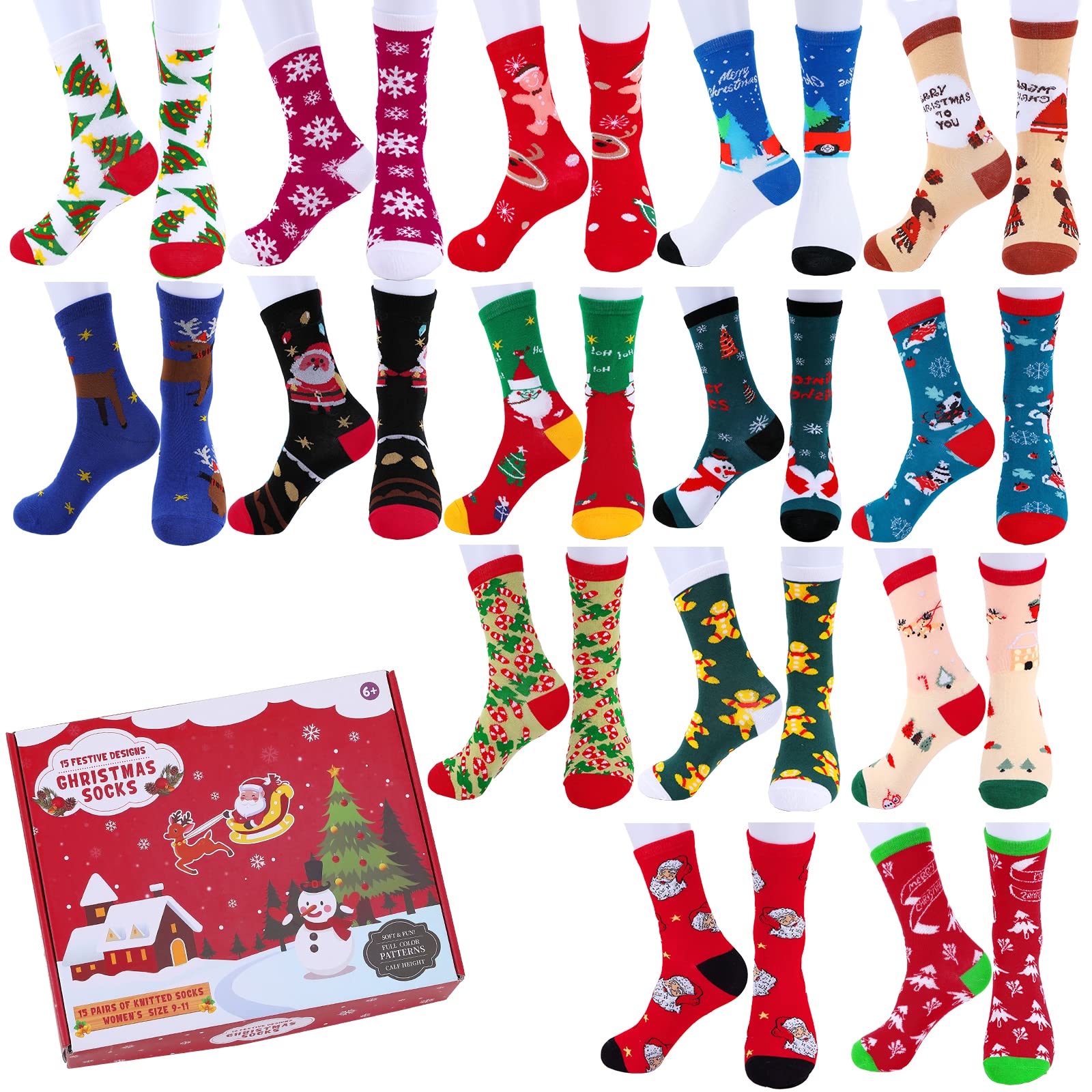 15 paia di calzini natalizi, comodi e divertenti, in cotone lavorato a maglia, morbidi, invernali, regalo di Natale