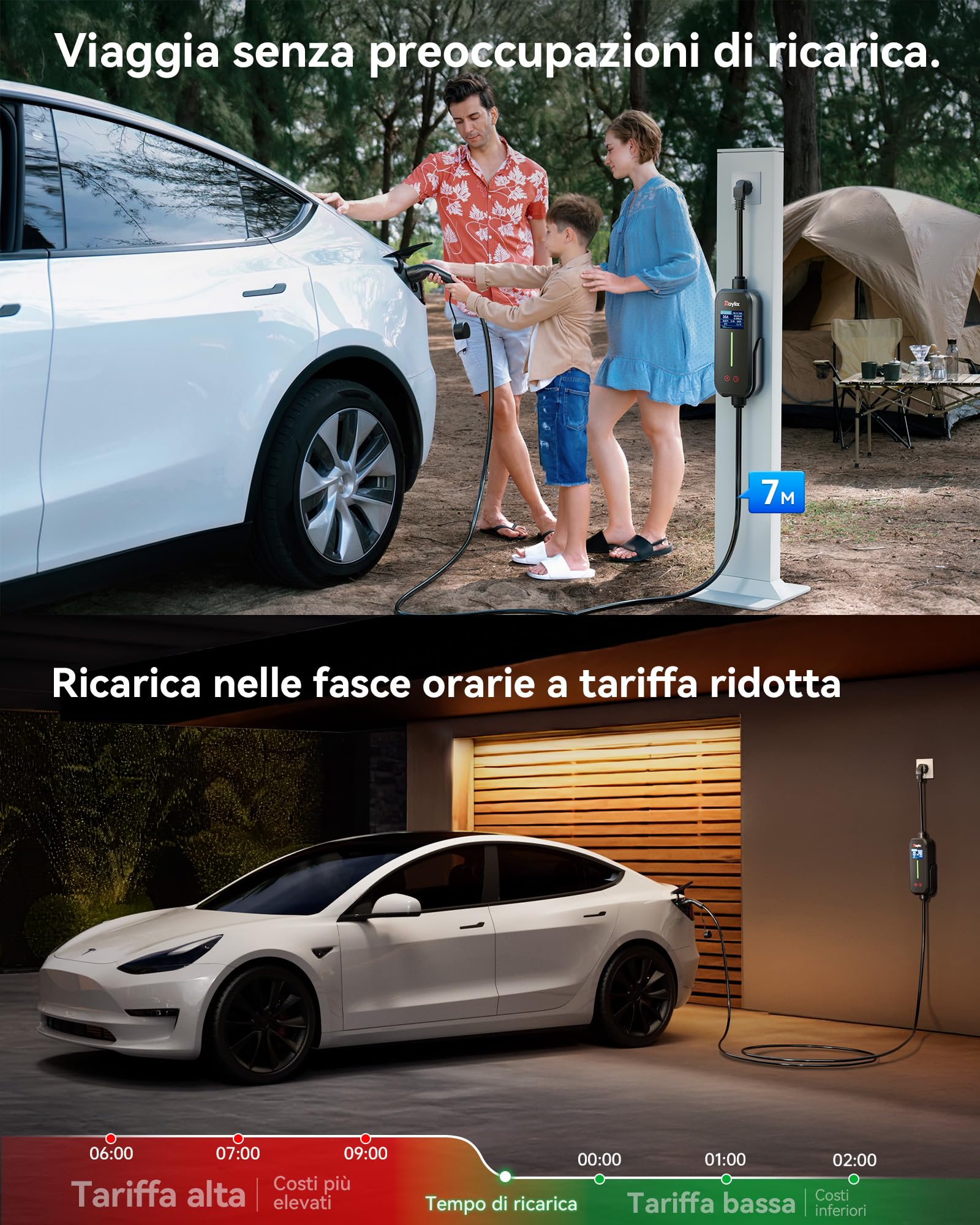Raylix 3,68 kW Wallbox Colonnina Ricarica Auto Elettrica (7m, 8A-16A, Monofase) Con Contatore Elettrico, Corrente Regolabile e Ricarica Ritardata, Carichino Auto Elettrica Cavo Ricarica Auto Elettrica