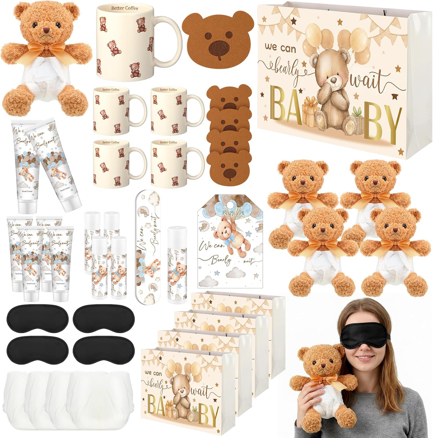 40 Pcs We Can Bearly Wait Baby Shower Blindfolded Diaper Changing Games Prize Gifts Bulk Bear Plush Lip Balm Hand Cream Nail File Cup for Baby Shower Gender Reveal Raffle Party Game
