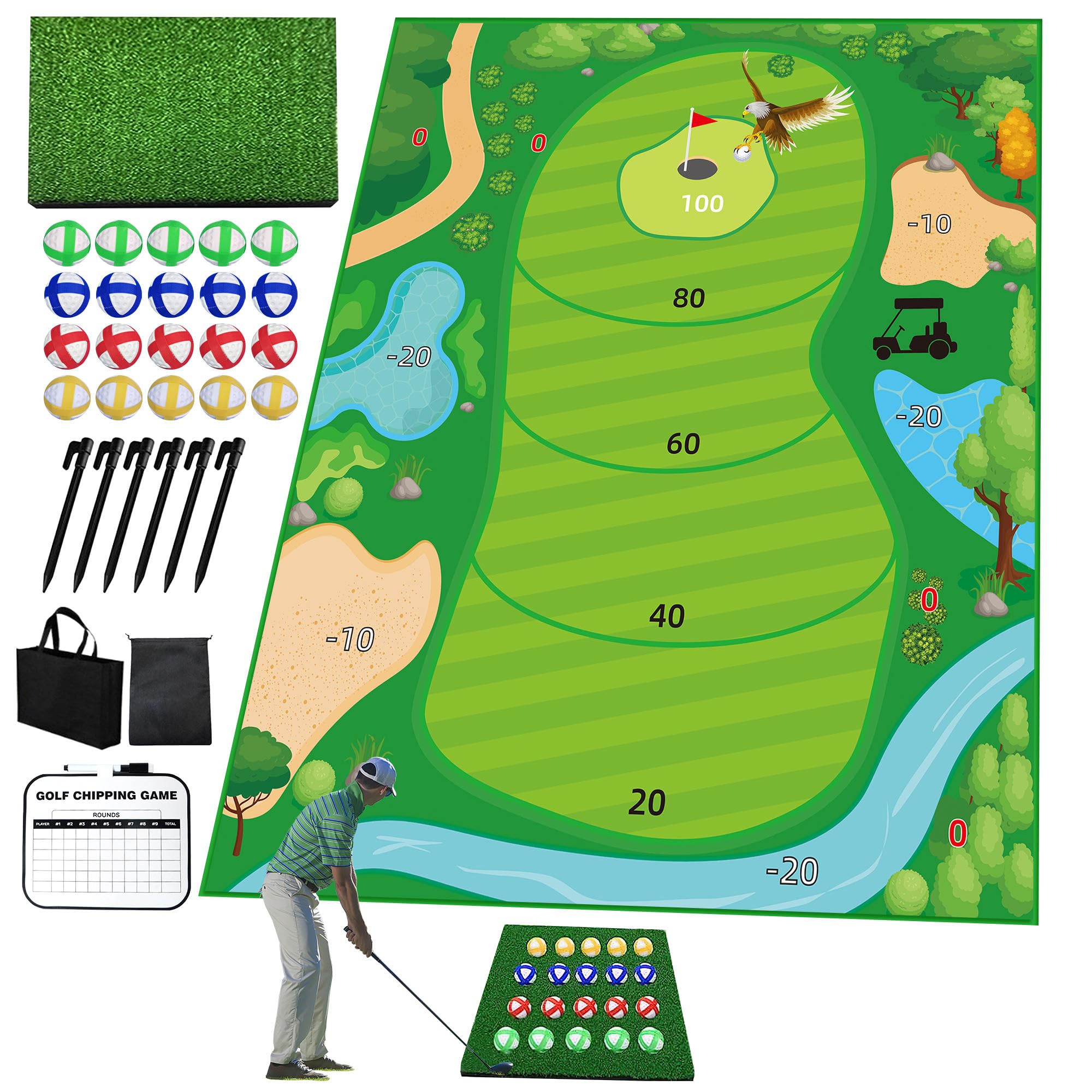 OTONIS Golf Chipping Game, 6x5 FT Sticky Golf Mats Bucket Yard Game, Stick Putterball for Adults Kids Practice Backyard Indoor and Outdoor Golf Hitting Training mat.