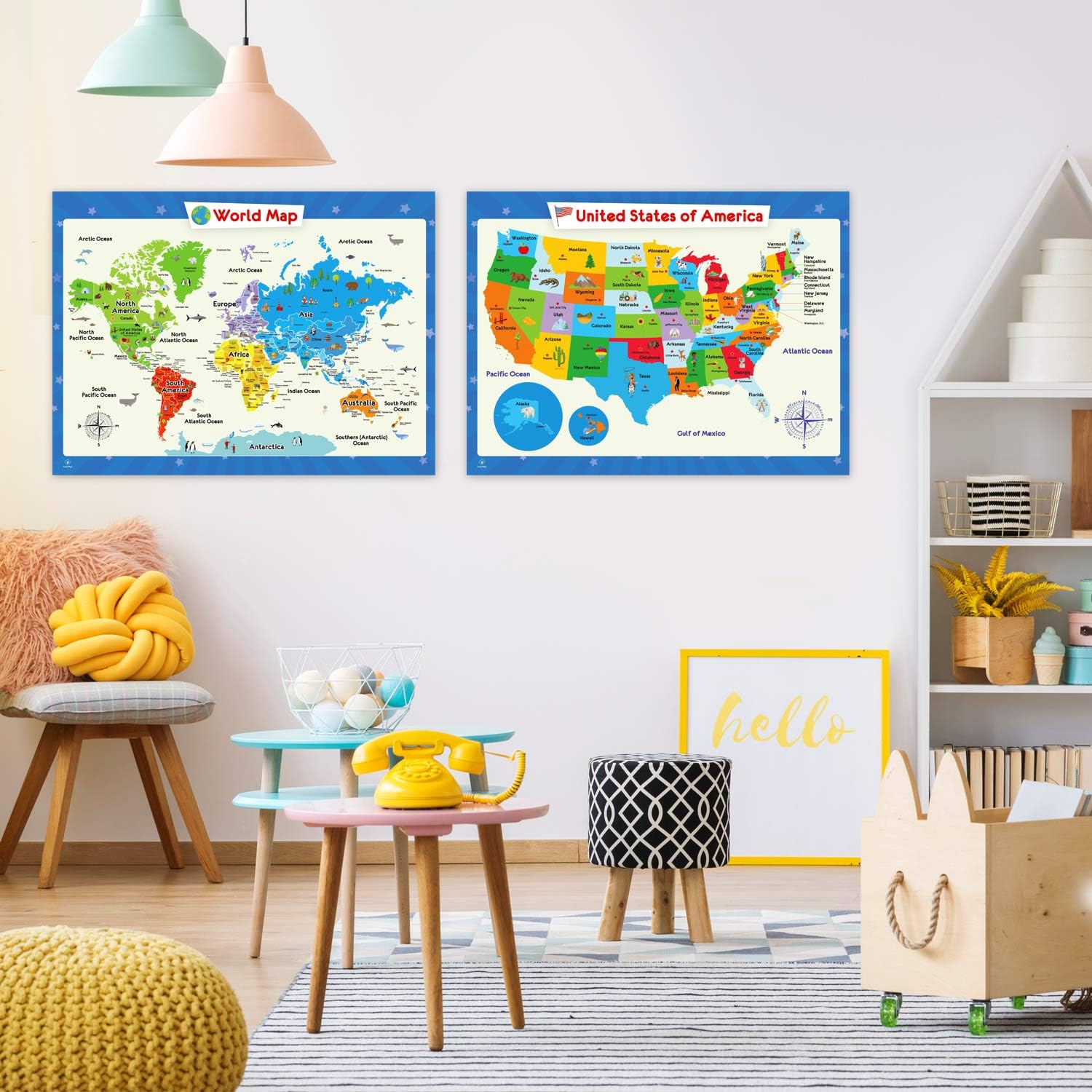 2 Pack - World Map Poster for Kids Wall and United States Map for Kids, Learn Capitals, States, Continents, Perfect Maps for Children, Kindergarten, Preschool, Playroom or Classroom, Laminated, 24x18
