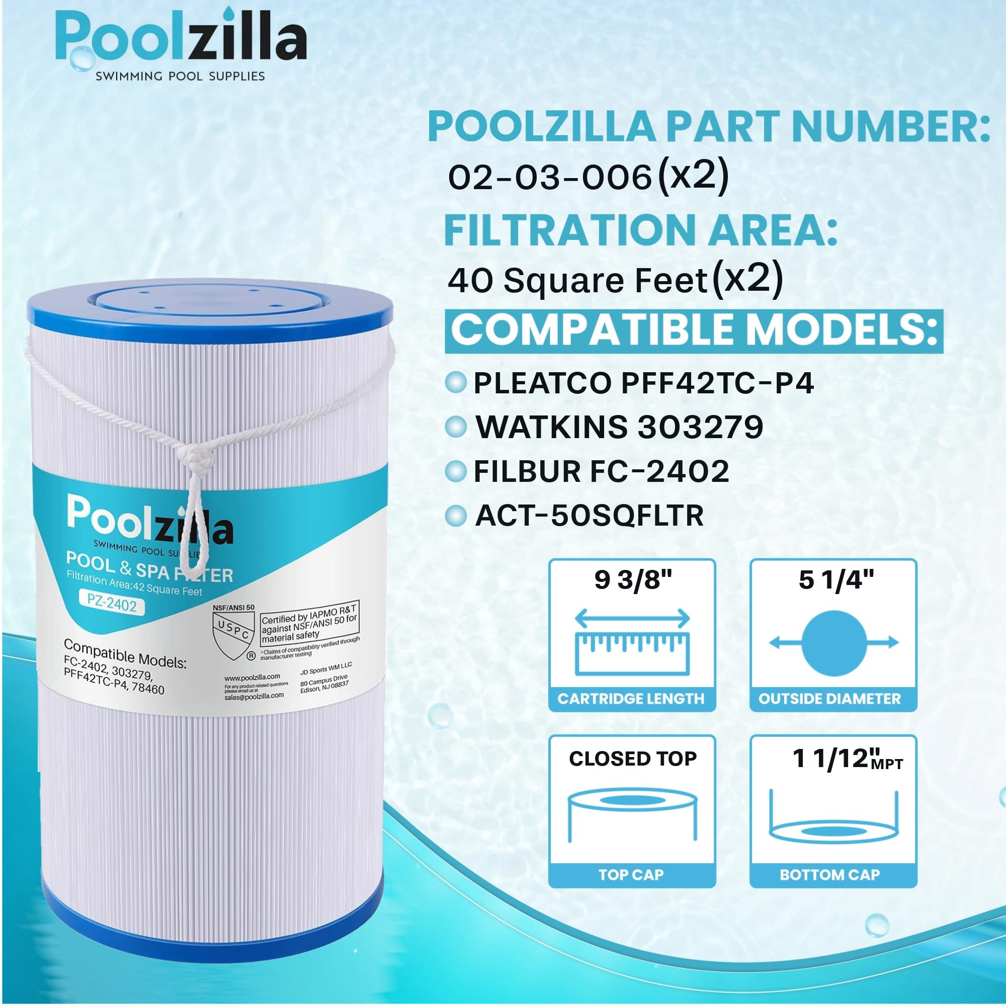 Poolzilla 2-Pack Spa Filter Replacement Cartridge, FC-2402 for Watkins 303279, PFF42TC-P4, 78460, SD-01322 (L x OD: 9 3/8” x 5 1/4”)
