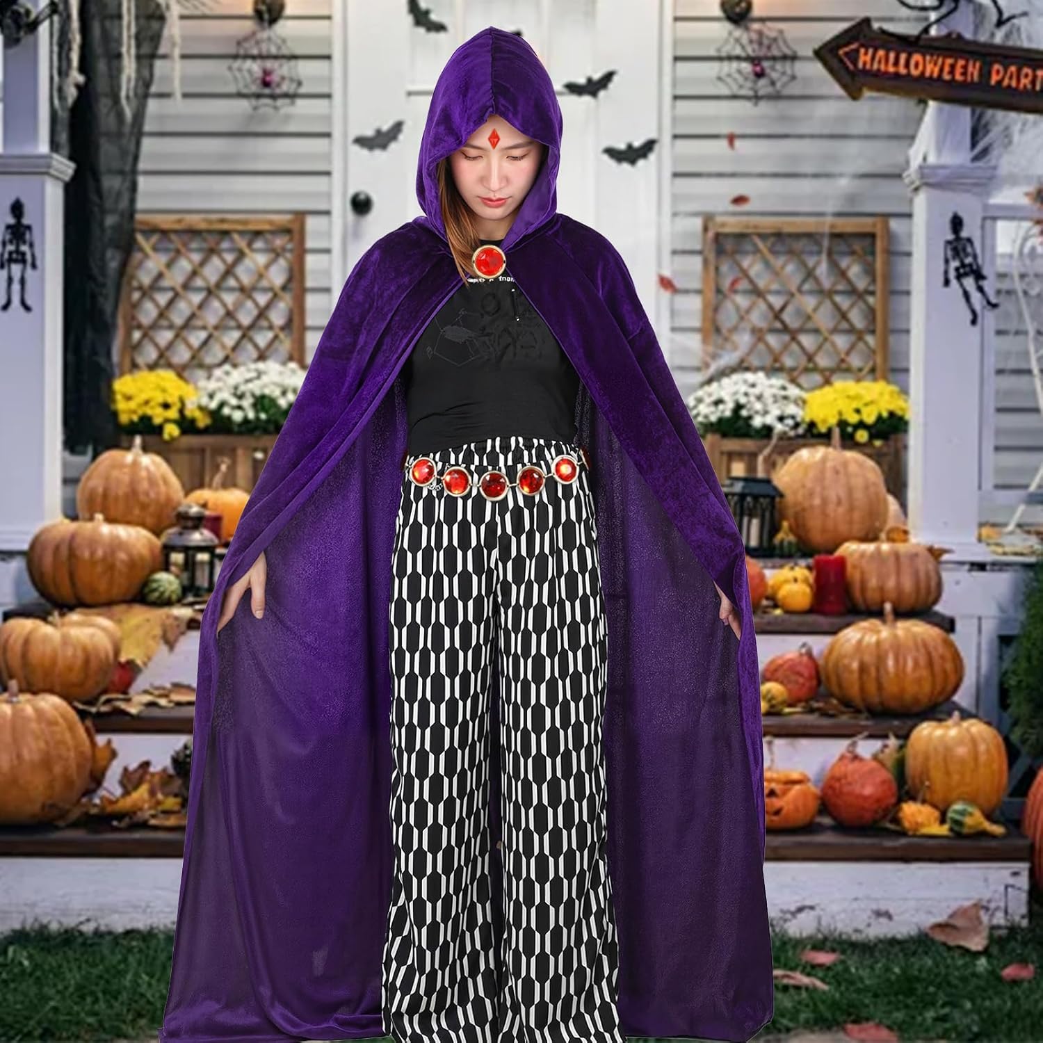 Raven Purple Cape with Hood Anime Cosplay Costume Women with Red Gem Waist Belt Gloves Halloween Outfit