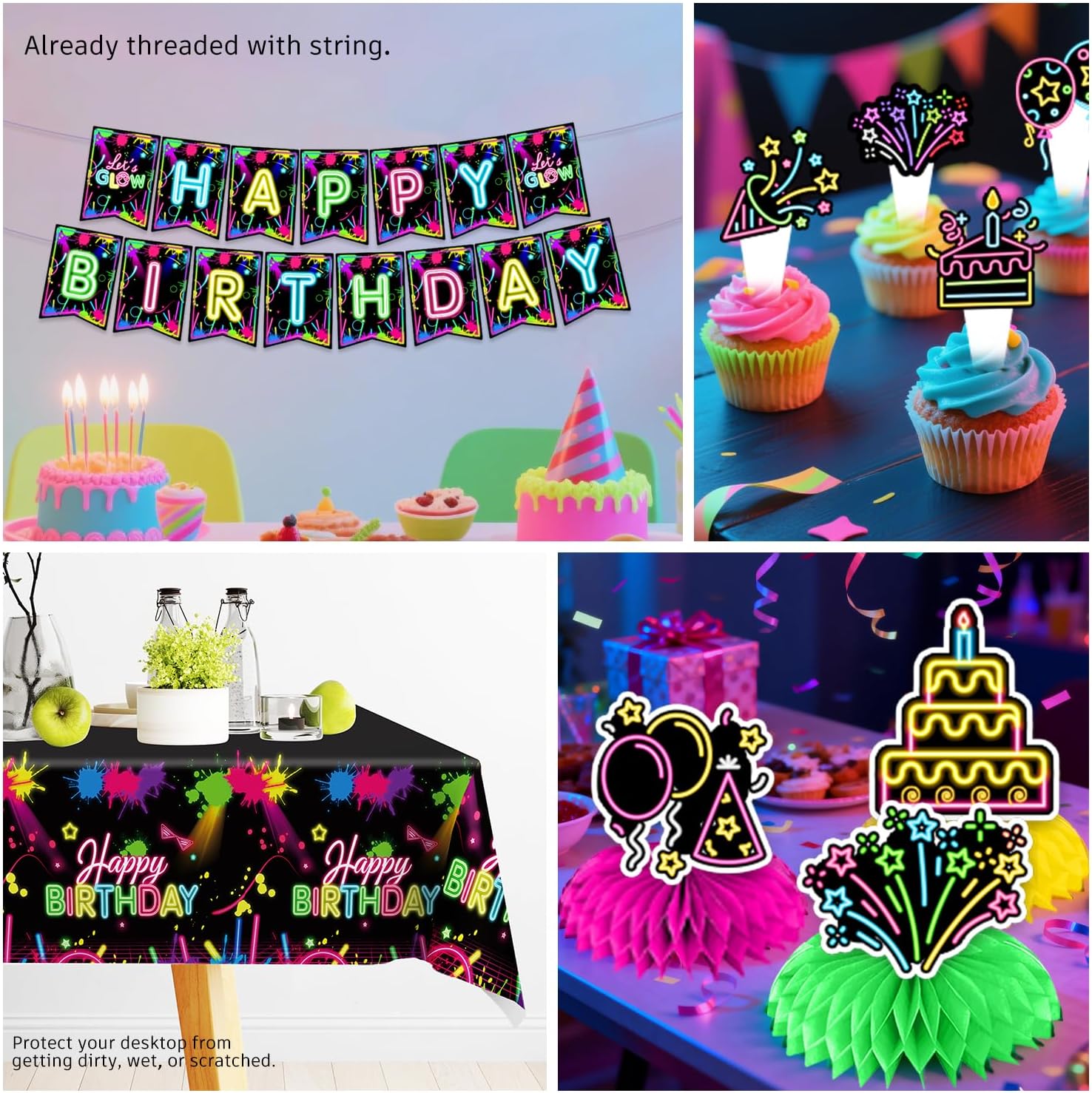 205pcs Neon Birthday Party Decorations-Serves 25, All-in-one Glow Party Decorations with 350gsm Plate, Cake Topper, Tablecloth, Centerpiece, Banner, Hanging Swirls, Balloon
