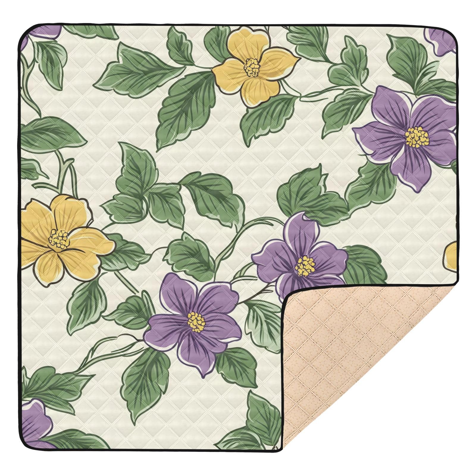 BOESI Doodle Colorful Flower Pattern Baby Play Mat, 50“ X 50” Washable Folding Crawling Mat, Baby Floor Mat, Soft, Thick, Non-Slip