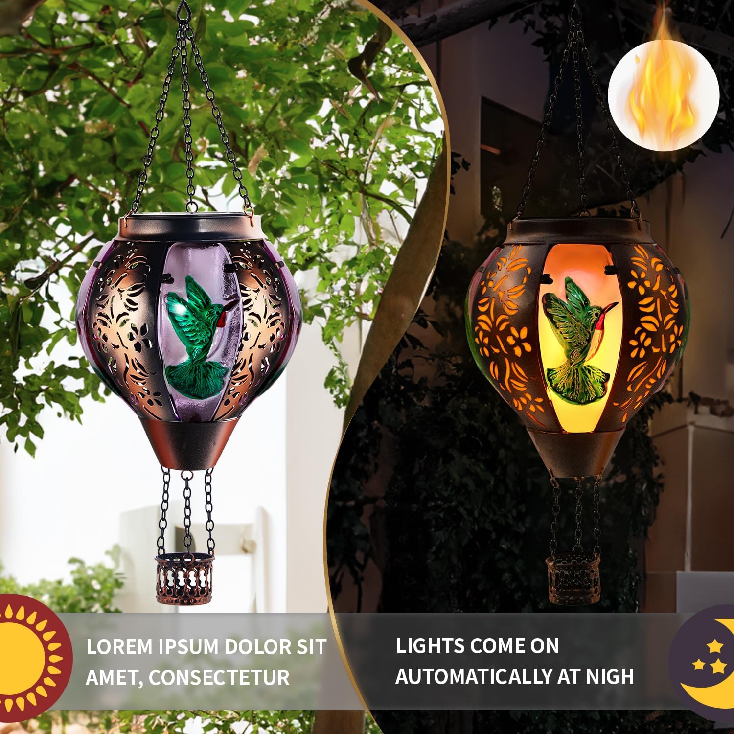 Hot Air Balloon Solar Lantern Hummingbir Light with Flickering Flame LED Light Outdoor Waterproof Decorative Hanging Lights for Garden Patio Yard Porch Decor for Women Mom