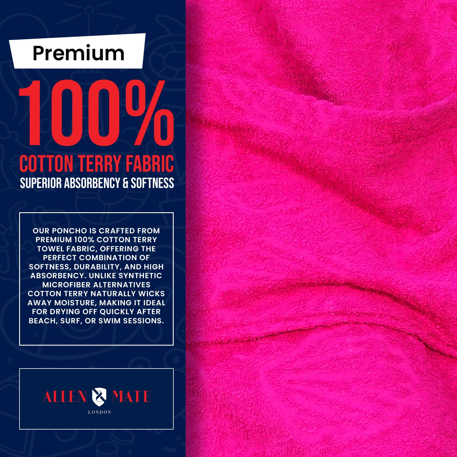 ALLEN & MATE Asciugamano Poncho con Cappuccio per Bambini, Accappatoio per Fasciatoio in Cotone Premium per Spiaggia, Nuoto, Surf, Bagno, Sport Acquatici